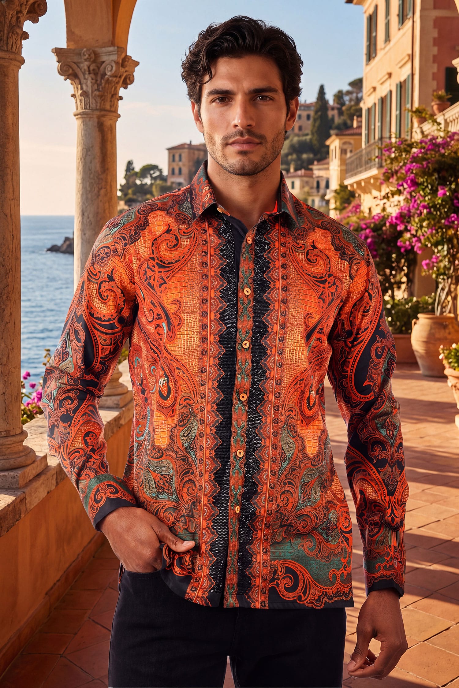 BARABAS Men's Rhinestone Floral Paisley Long Sleeve Shirts 3SPR433 Rust
