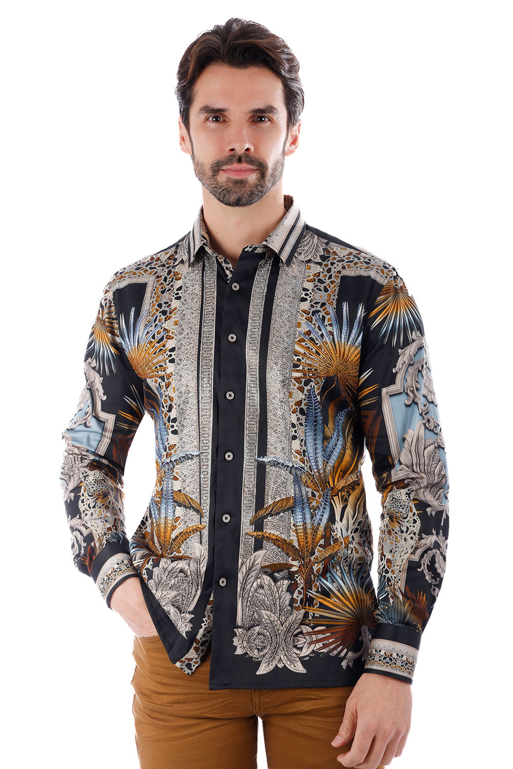 BARABAS Men's Rhinestone Floral Baroque Long Sleeve Shirts 3SPR437 Black