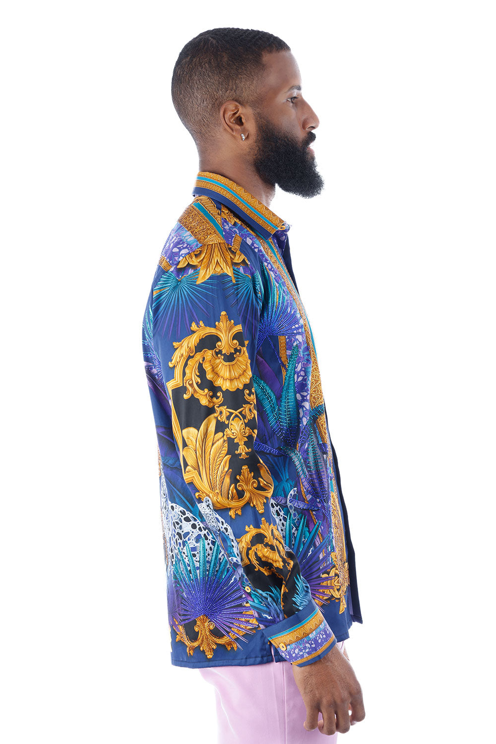 BARABAS Men's Rhinestone Floral Baroque Long Sleeve Shirts 3SPR437 Blue