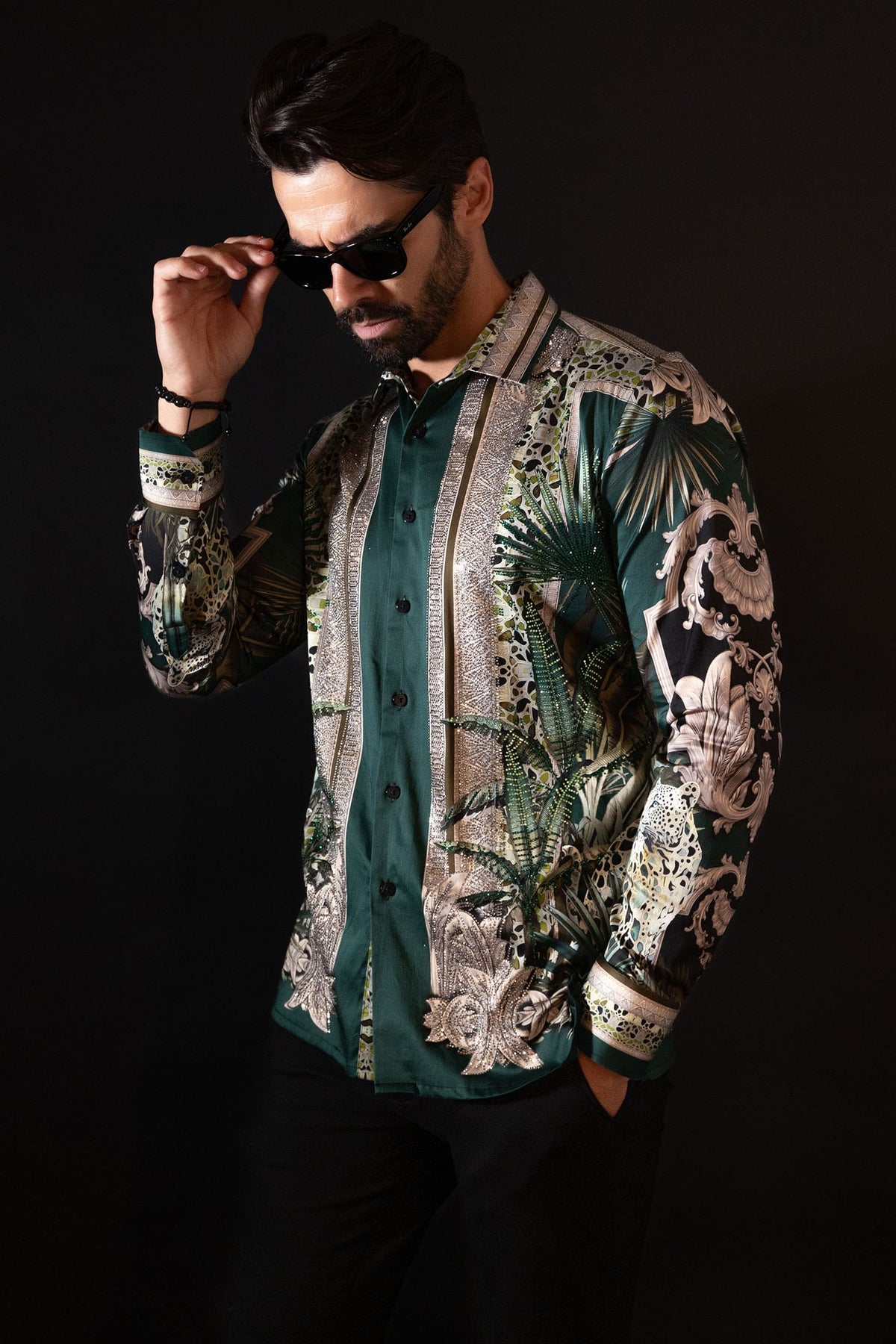 BARABAS Men's Rhinestone Floral Baroque Long Sleeve Shirts 3SPR437 Green
