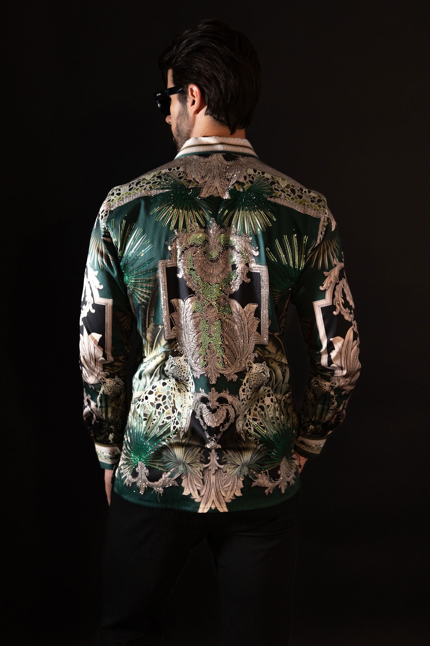 BARABAS Men's Rhinestone Floral Baroque Long Sleeve Shirts 3SPR437 Green