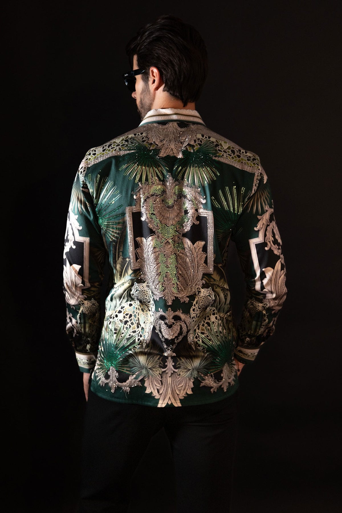 BARABAS Men's Rhinestone Floral Baroque Long Sleeve Shirts 3SPR437 Green