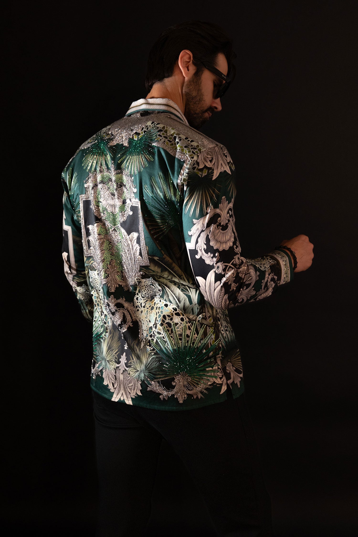 BARABAS Men's Rhinestone Floral Baroque Long Sleeve Shirts 3SPR437 Green