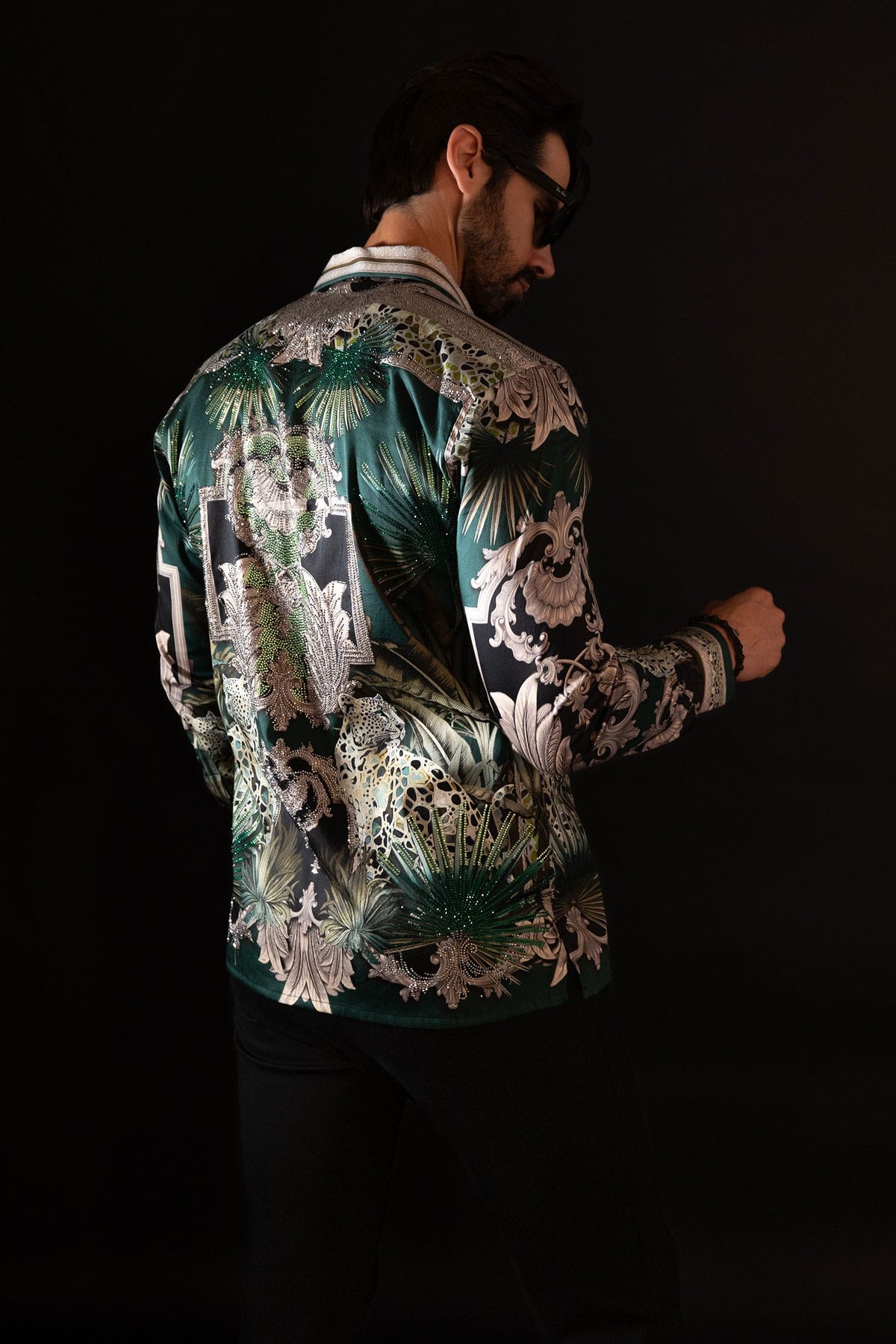 BARABAS Men's Rhinestone Floral Baroque Long Sleeve Shirts 3SPR437 Green