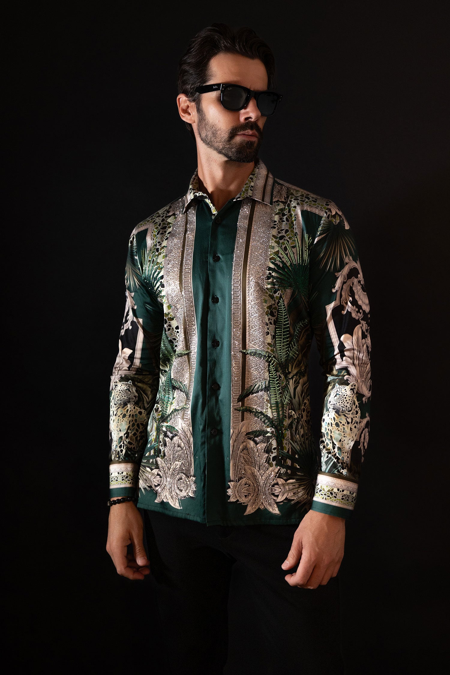 BARABAS Men's Rhinestone Floral Baroque Long Sleeve Shirts 3SPR437 Green