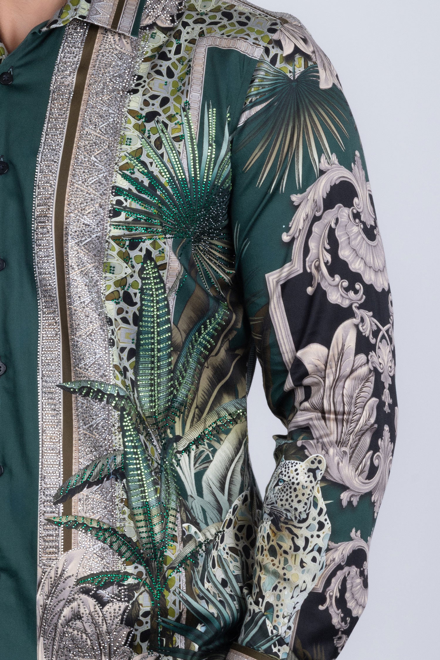 BARABAS Men's Rhinestone Floral Baroque Long Sleeve Shirts 3SPR437 Green