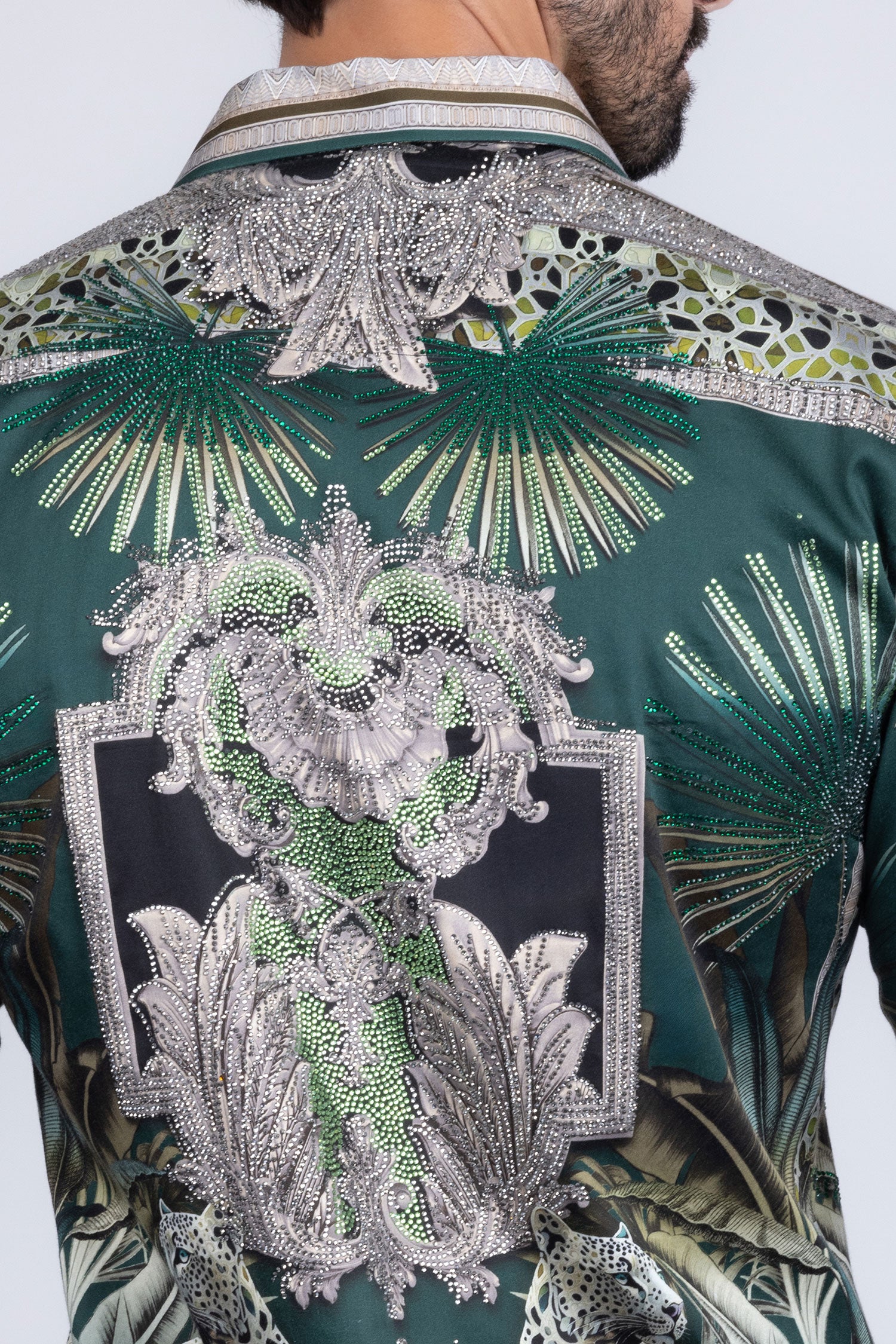 BARABAS Men's Rhinestone Floral Baroque Long Sleeve Shirts 3SPR437 Green