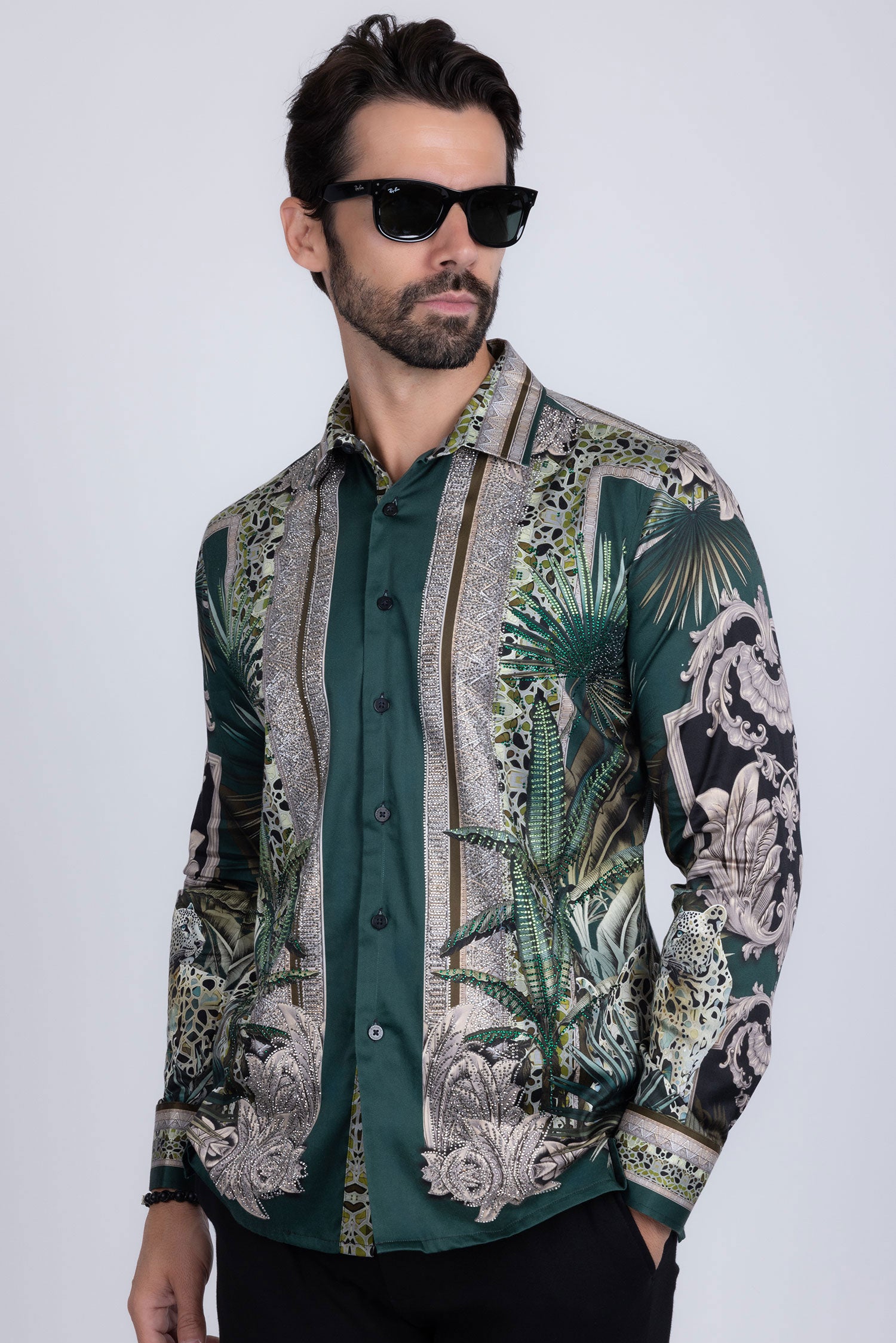 BARABAS Men's Rhinestone Floral Baroque Long Sleeve Shirts 3SPR437 Green