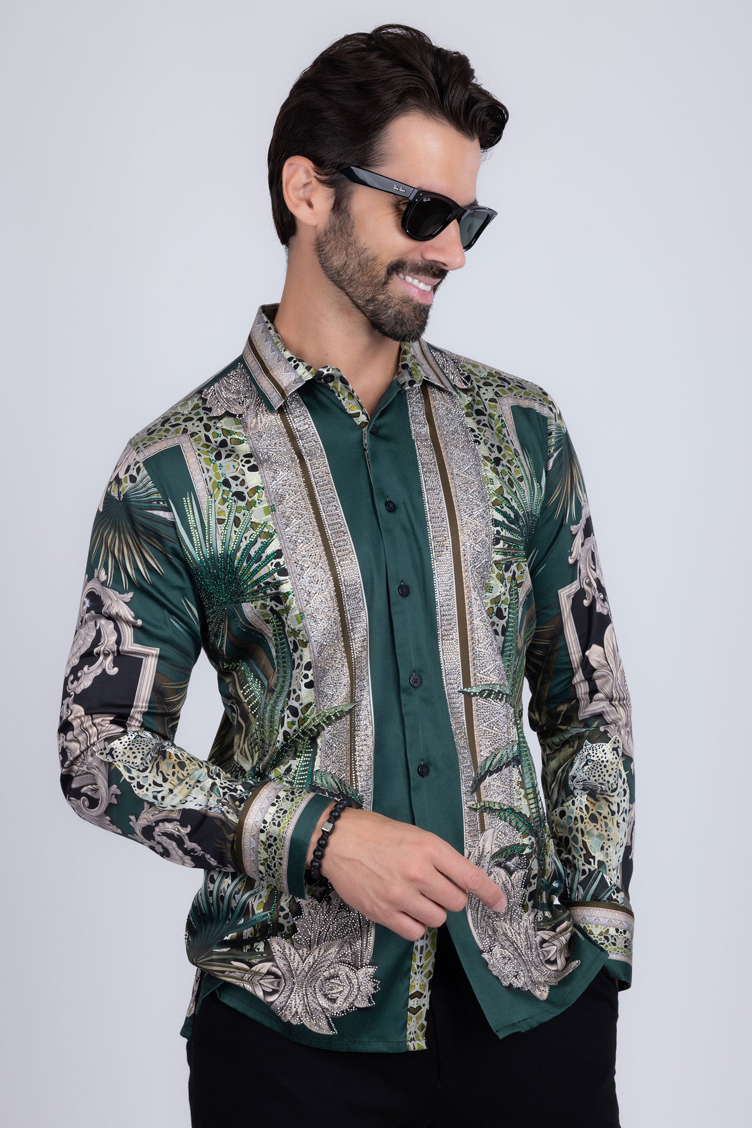 BARABAS Men's Rhinestone Floral Baroque Long Sleeve Shirts 3SPR437 Green