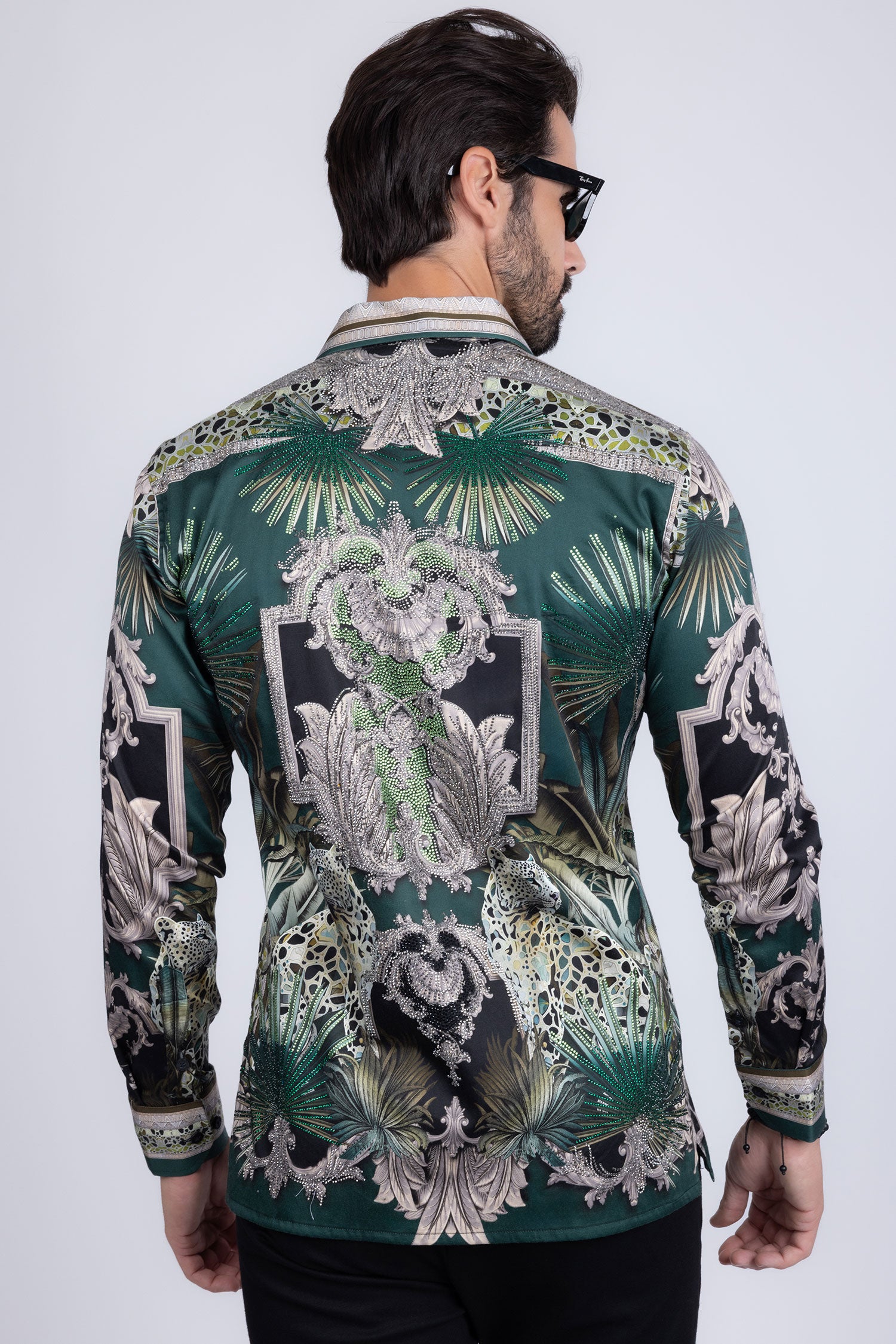 BARABAS Men's Rhinestone Floral Baroque Long Sleeve Shirts 3SPR437 Green