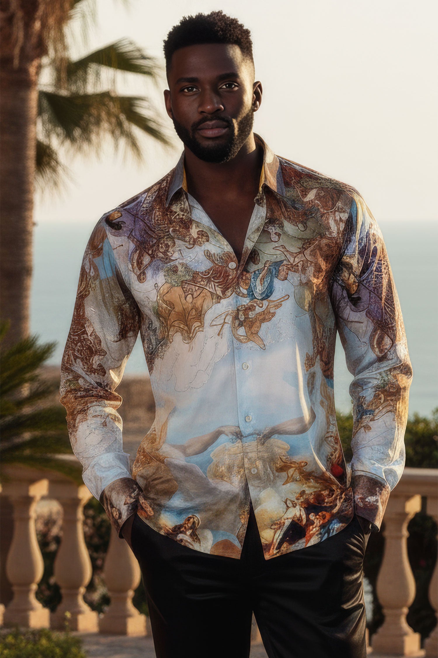 Barabas Men's Rhinestone Angels Pattern Long Sleeve Shirts 3SPR618 Mustard