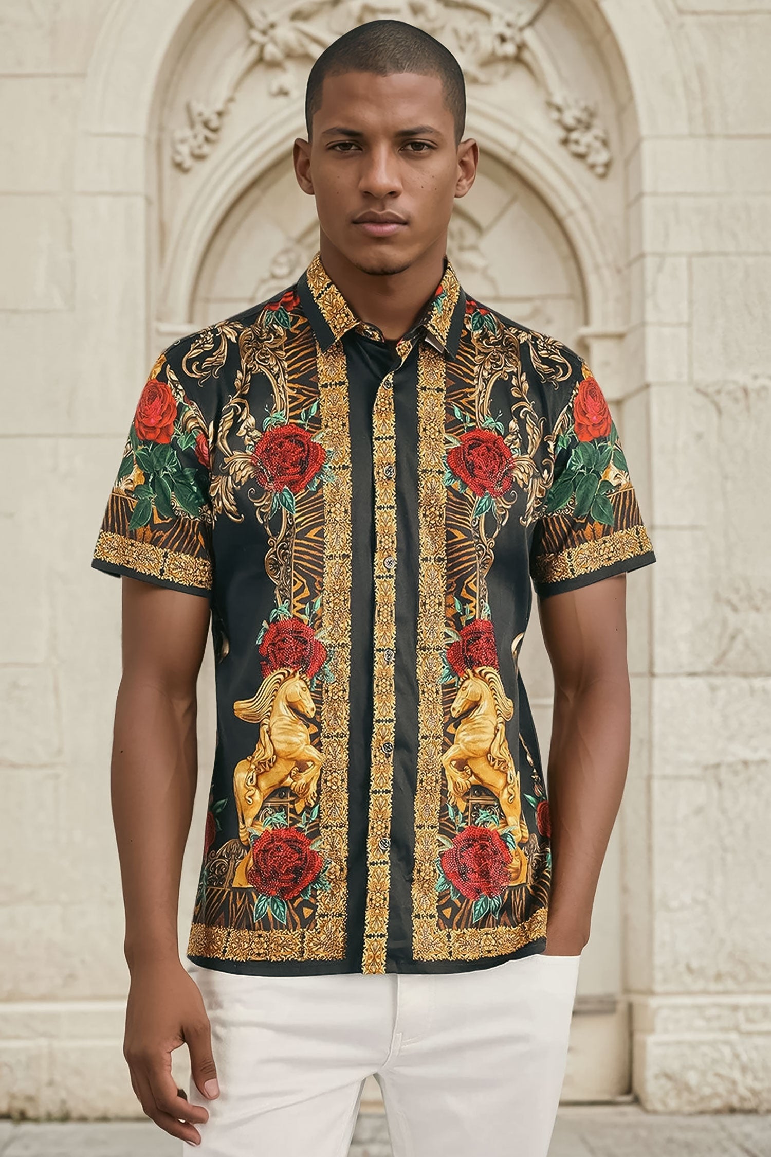 BARABAS Men's Leopard and Rhinestone Floral Short Sleeve Shirts 3SR418