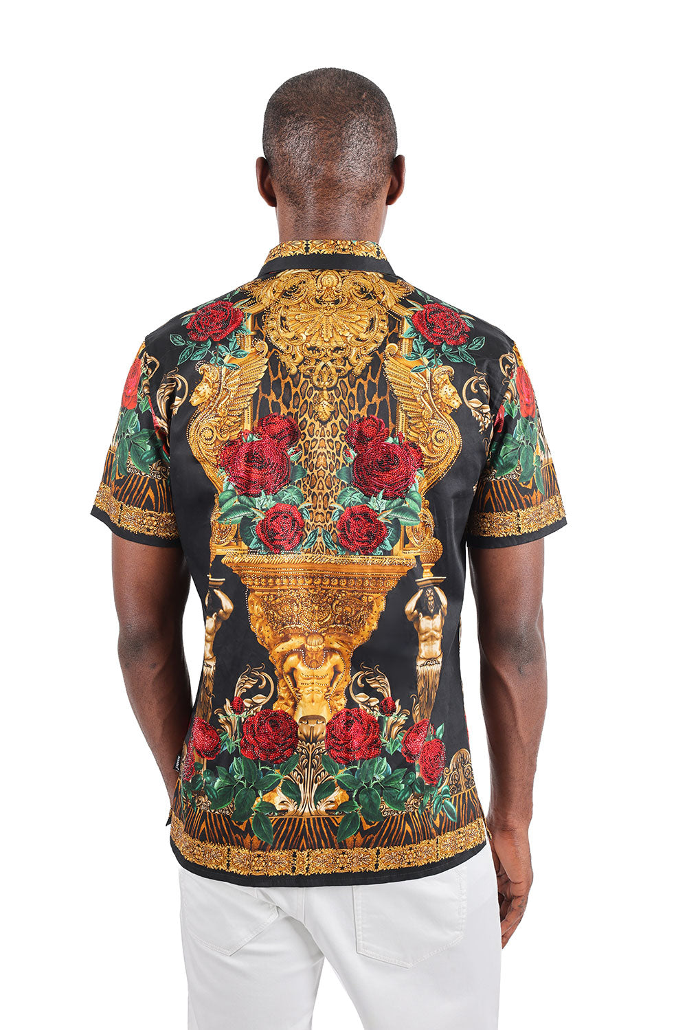BARABAS Men's Leopard and Rhinestone Floral Short Sleeve Shirts 3SR418 Black