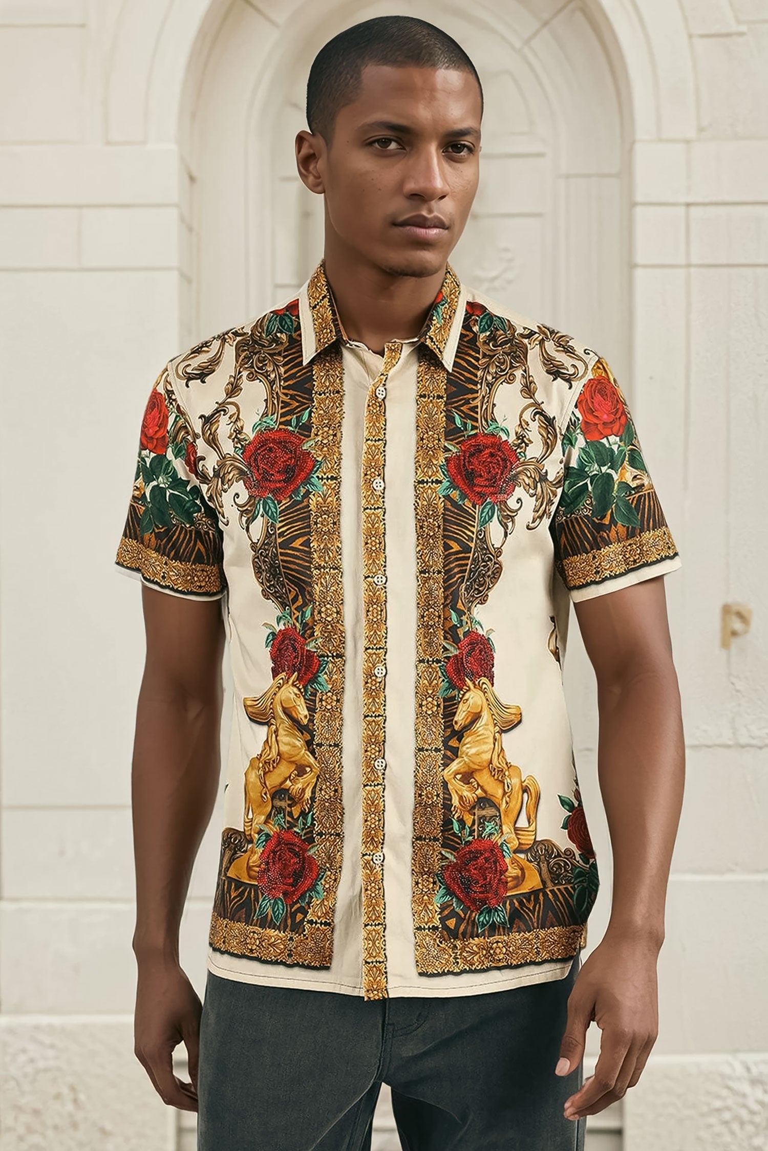 BARABAS Men's Leopard and Rhinestone Floral Short Sleeve Shirts 3SR418