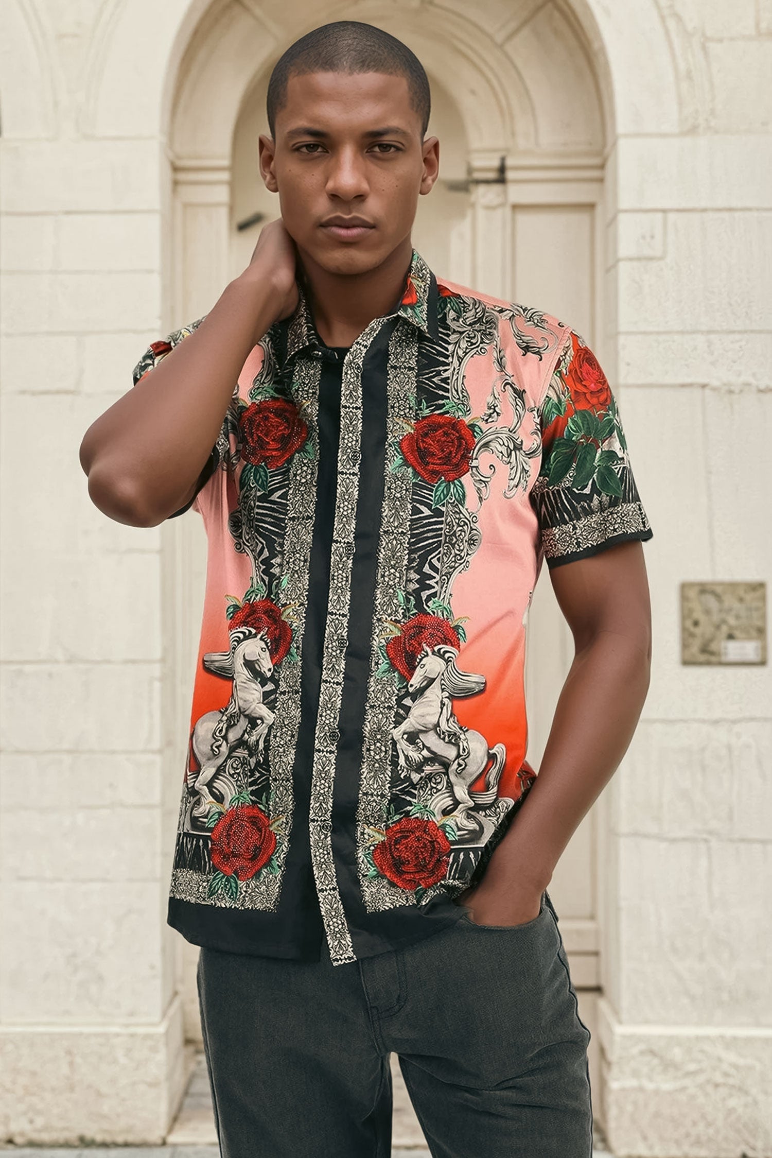 BARABAS Men's Leopard and Rhinestone Floral Short Sleeve Shirts 3SR418