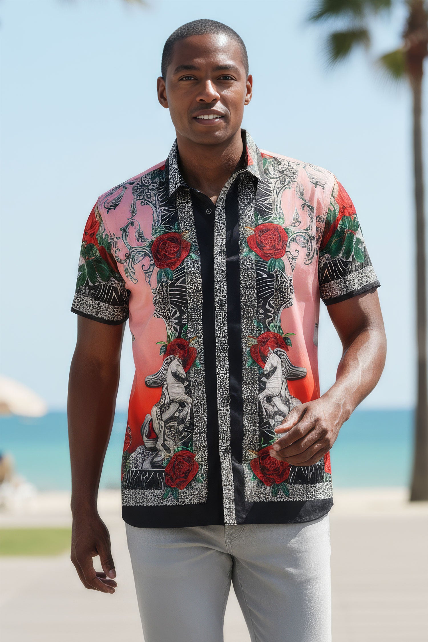 BARABAS Men's Leopard and Rhinestone Floral Short Sleeve Shirts 3SR418