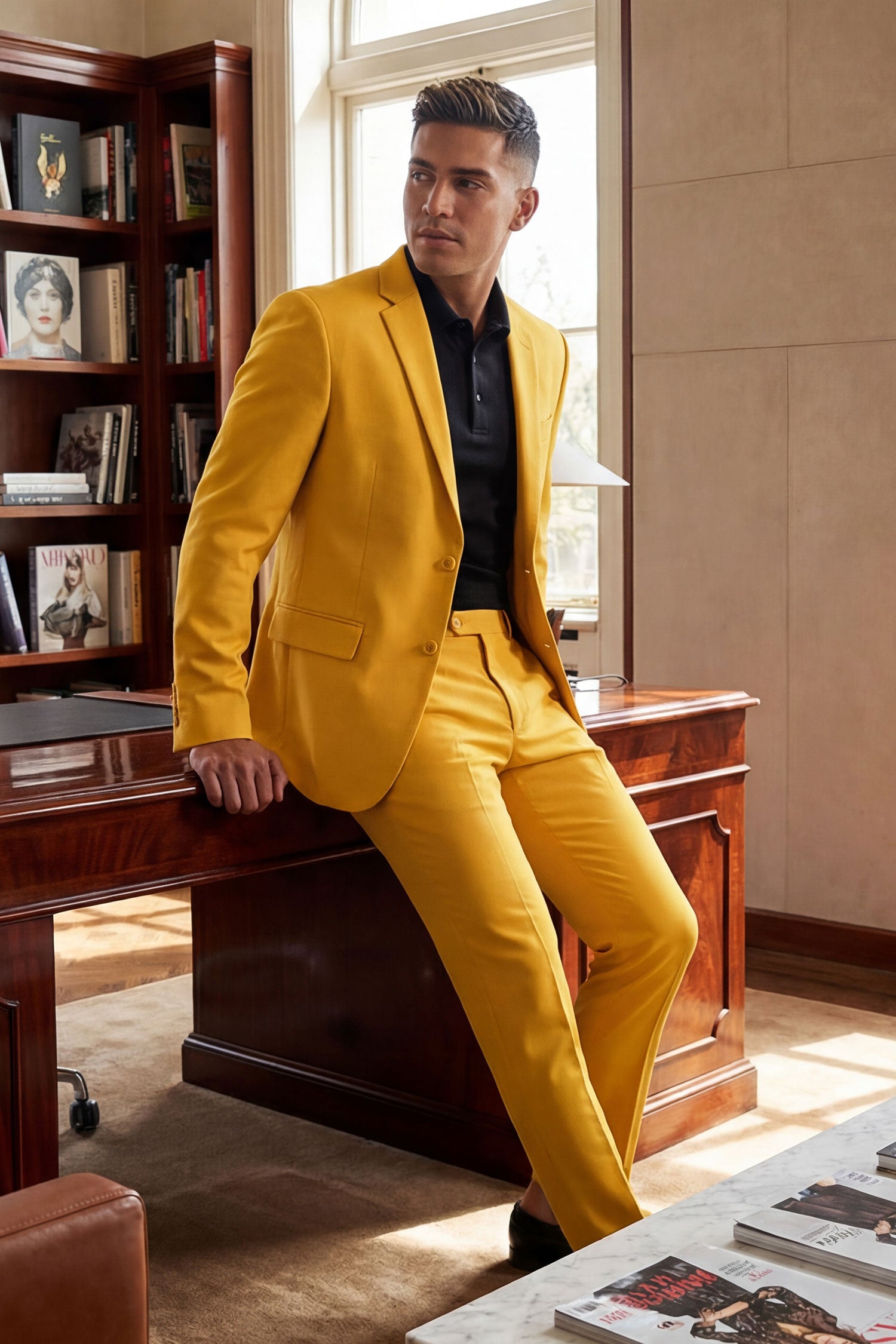 BARABAS Men's Brushed Cotton Notched Lapel Matt Suit 3SU02 Mustard