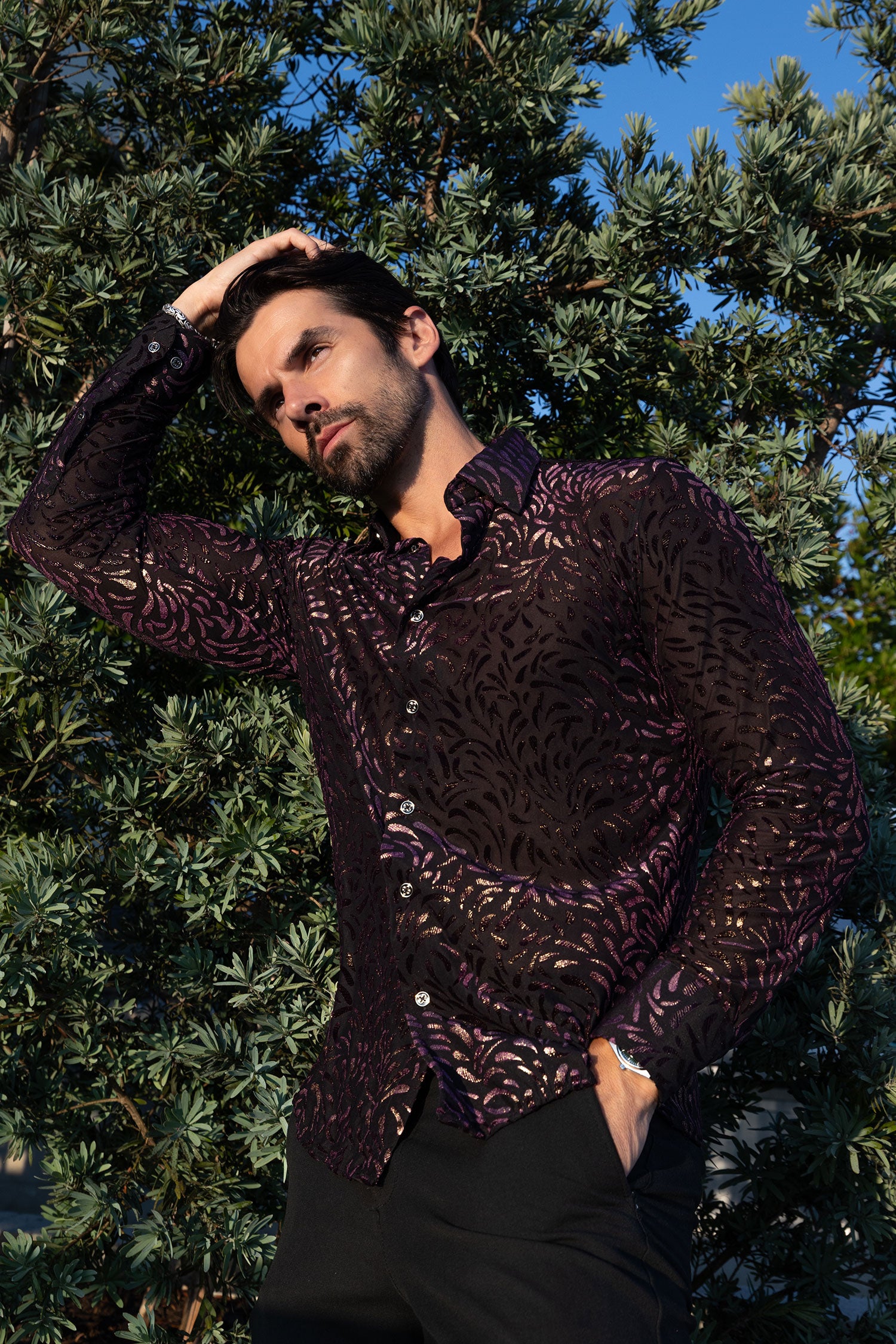 BARABAS Men's See Through Floral Long Sleeve Button Down Shirt 3SVL17 Black