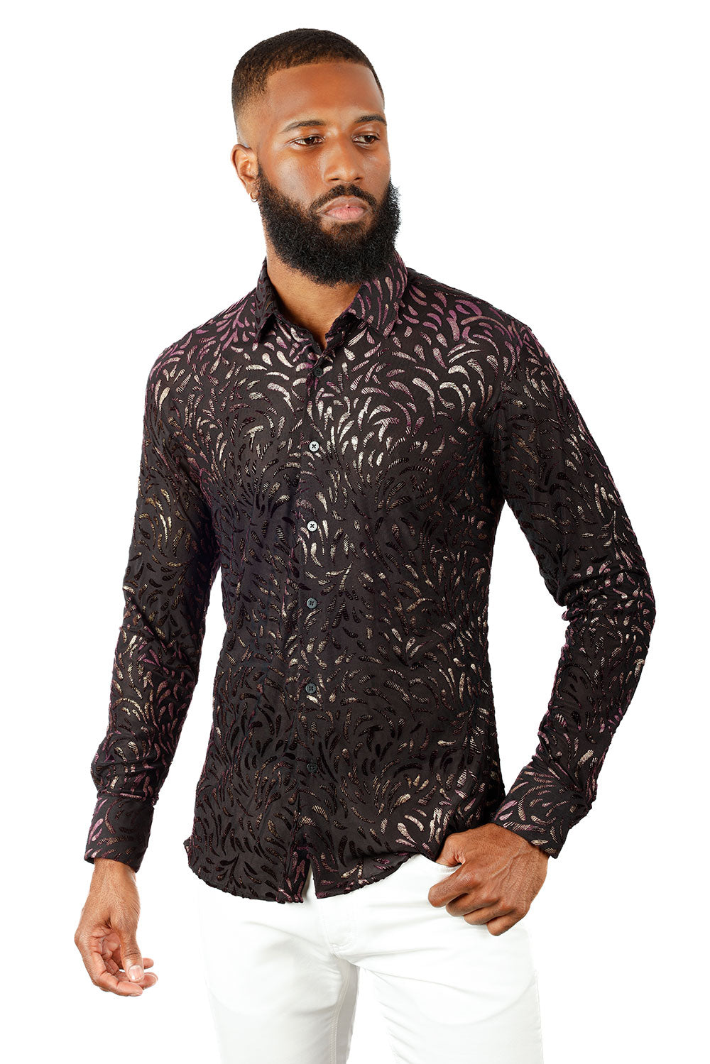 BARABAS Men's See Through Floral Long Sleeve Button Down Shirt 3SVL17 Black