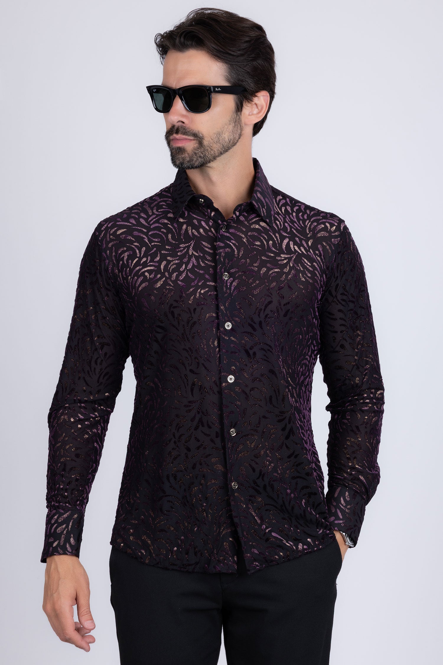 BARABAS Men's See Through Floral Long Sleeve Button Down Shirt 3SVL17 Black