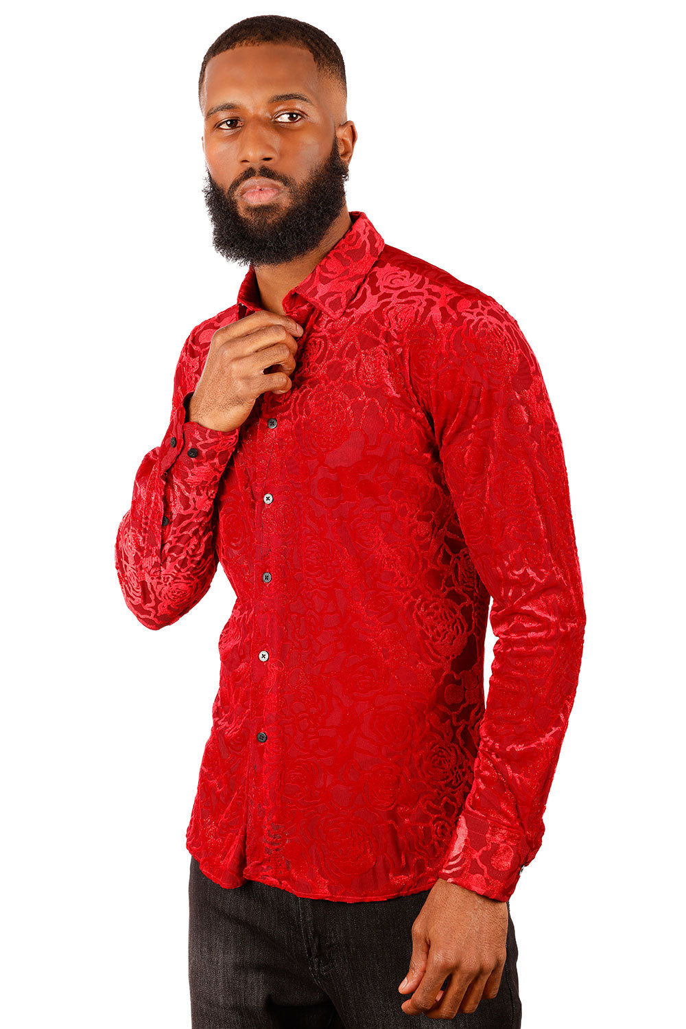 BARABAS Men's See Through Floral Long Sleeve Button Down Shirt 3SVL18 Red