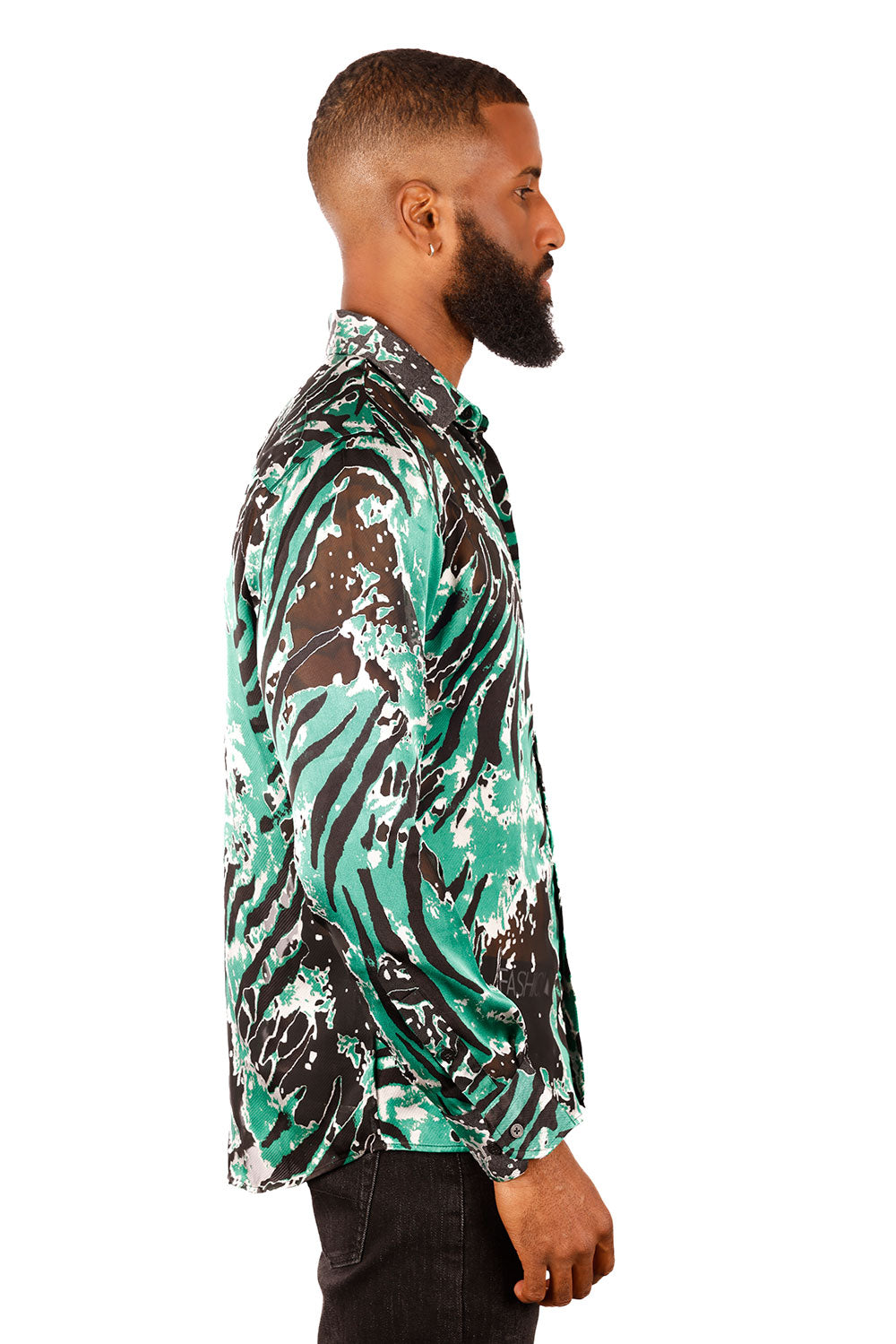 BARABAS Men's See Through Tiger Long Sleeve Button Down Shirt 3SVL22 Green