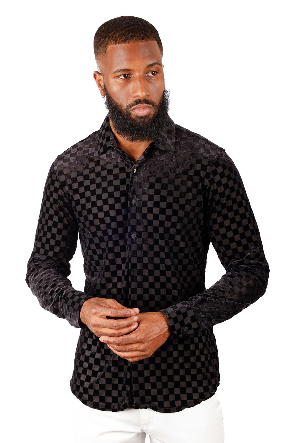 BARABAS Men's See Through Checkered Long Sleeve Shirt 3SVL23 Black