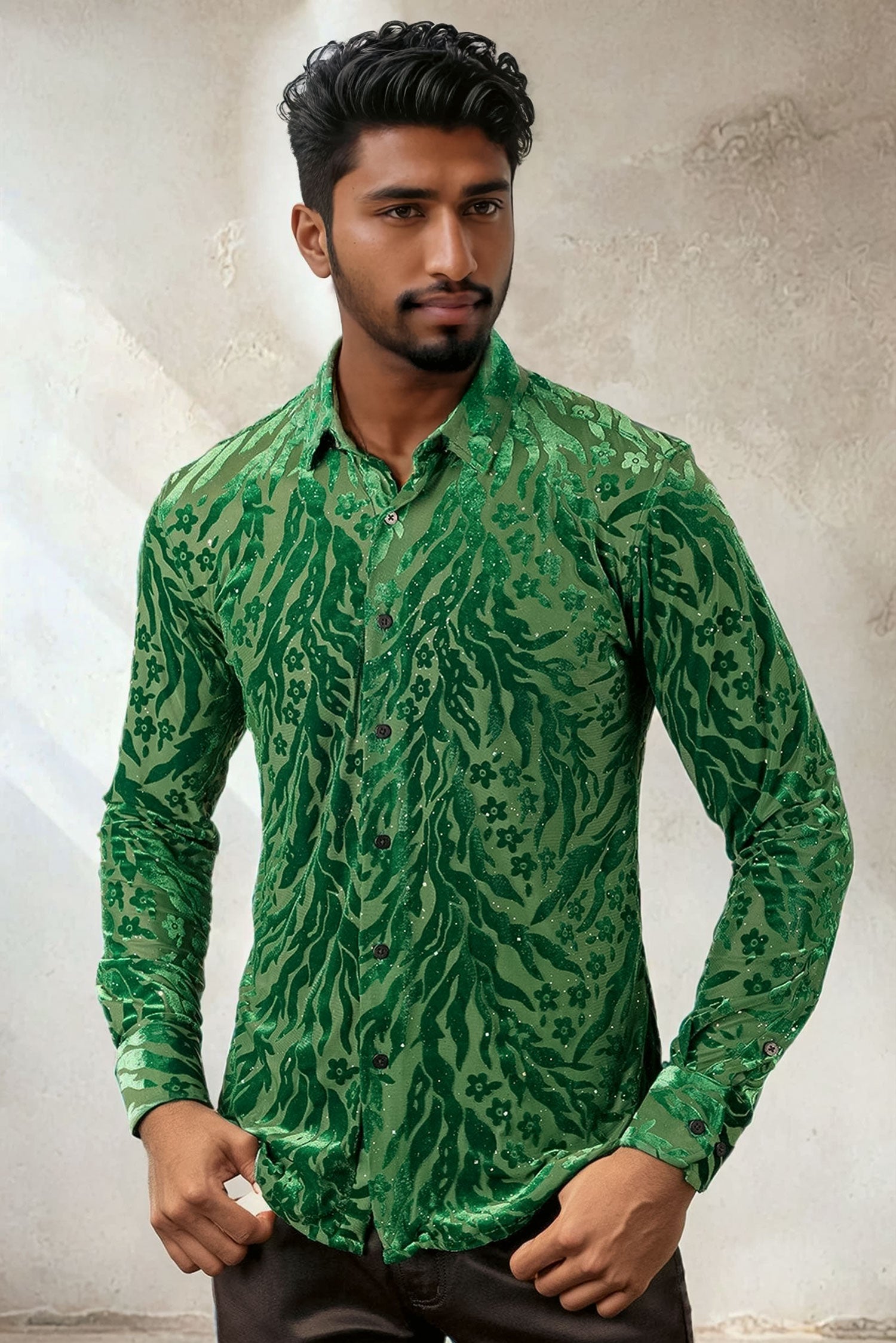 BARABAS Men's See Through floral Long Sleeve Button Down Shirt 3SVL26 Green