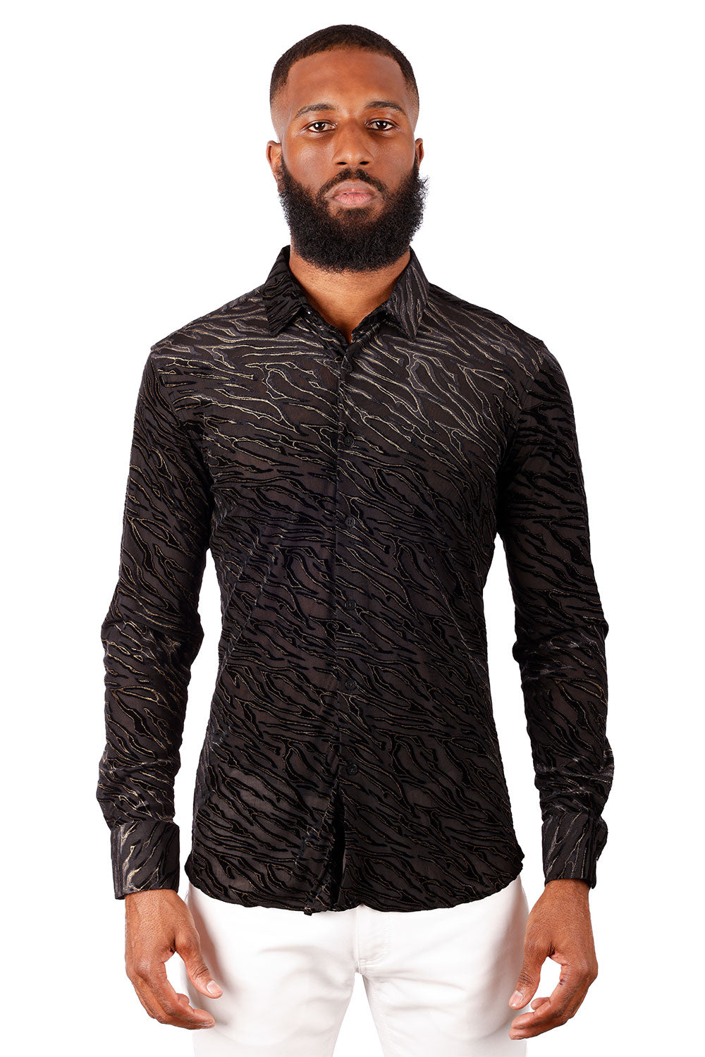 BARABAS Men's See Through Floral Long Sleeve Button Down Shirt 3SVL27 Gold