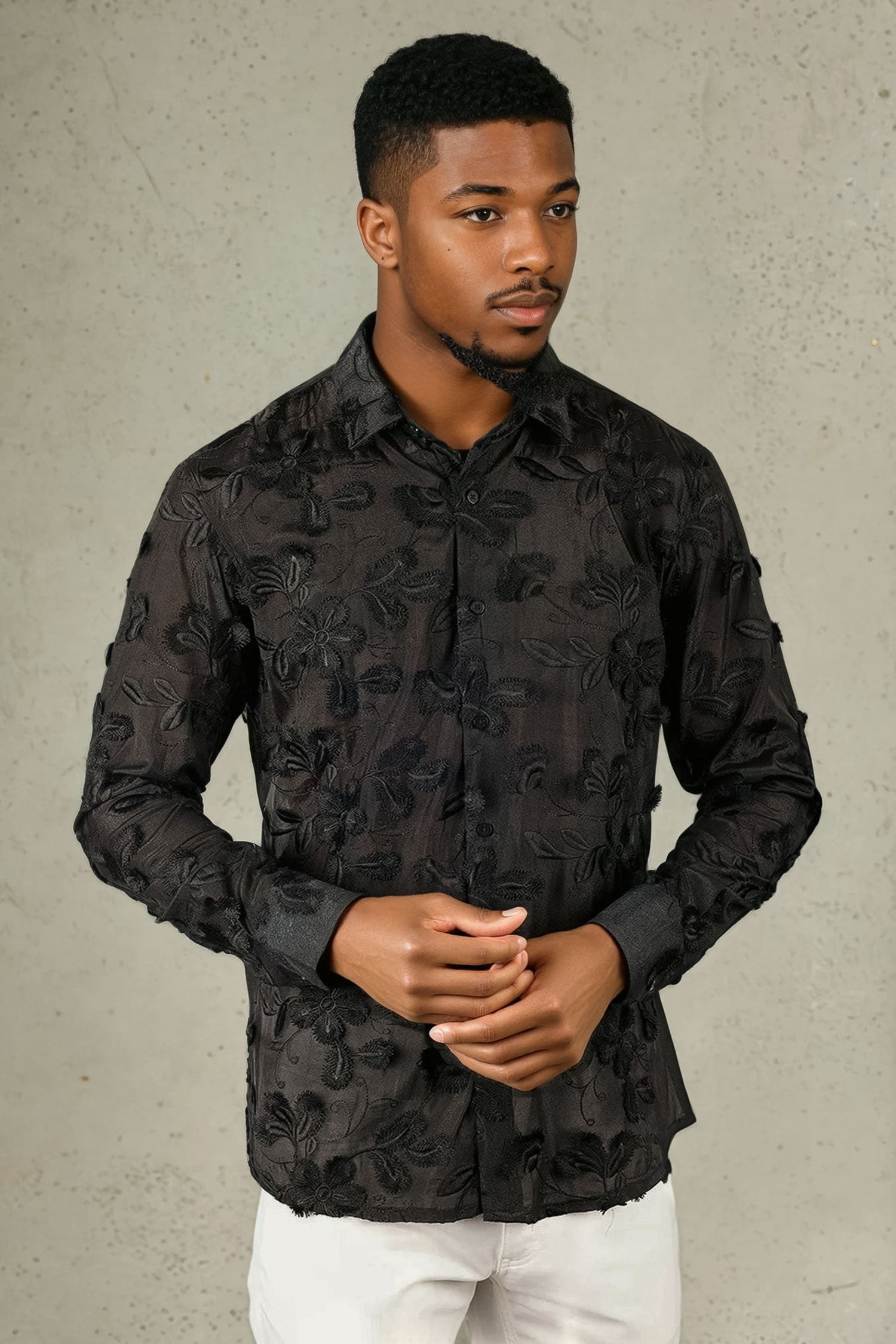 BARABAS Men's See Through Floral Long Sleeve Button Down Shirt 3SVL28 Black