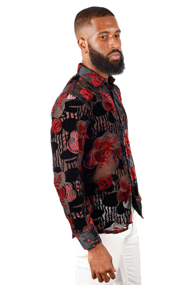 BARABAS Men's See Through Floral Long Sleeve Button Down Shirt 3SVL30 Black Red