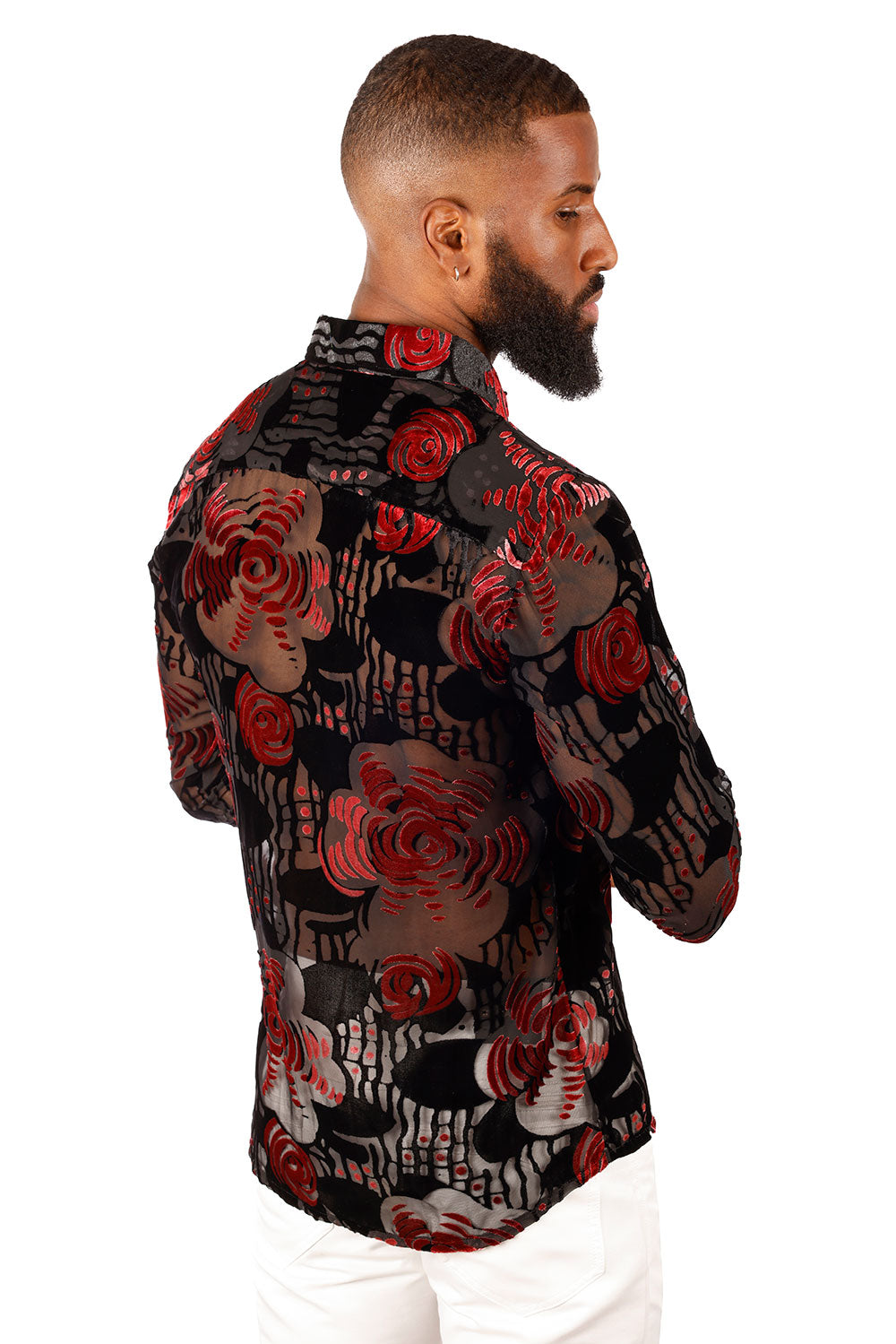 BARABAS Men's See Through Floral Long Sleeve Button Down Shirt 3SVL30 Black Red