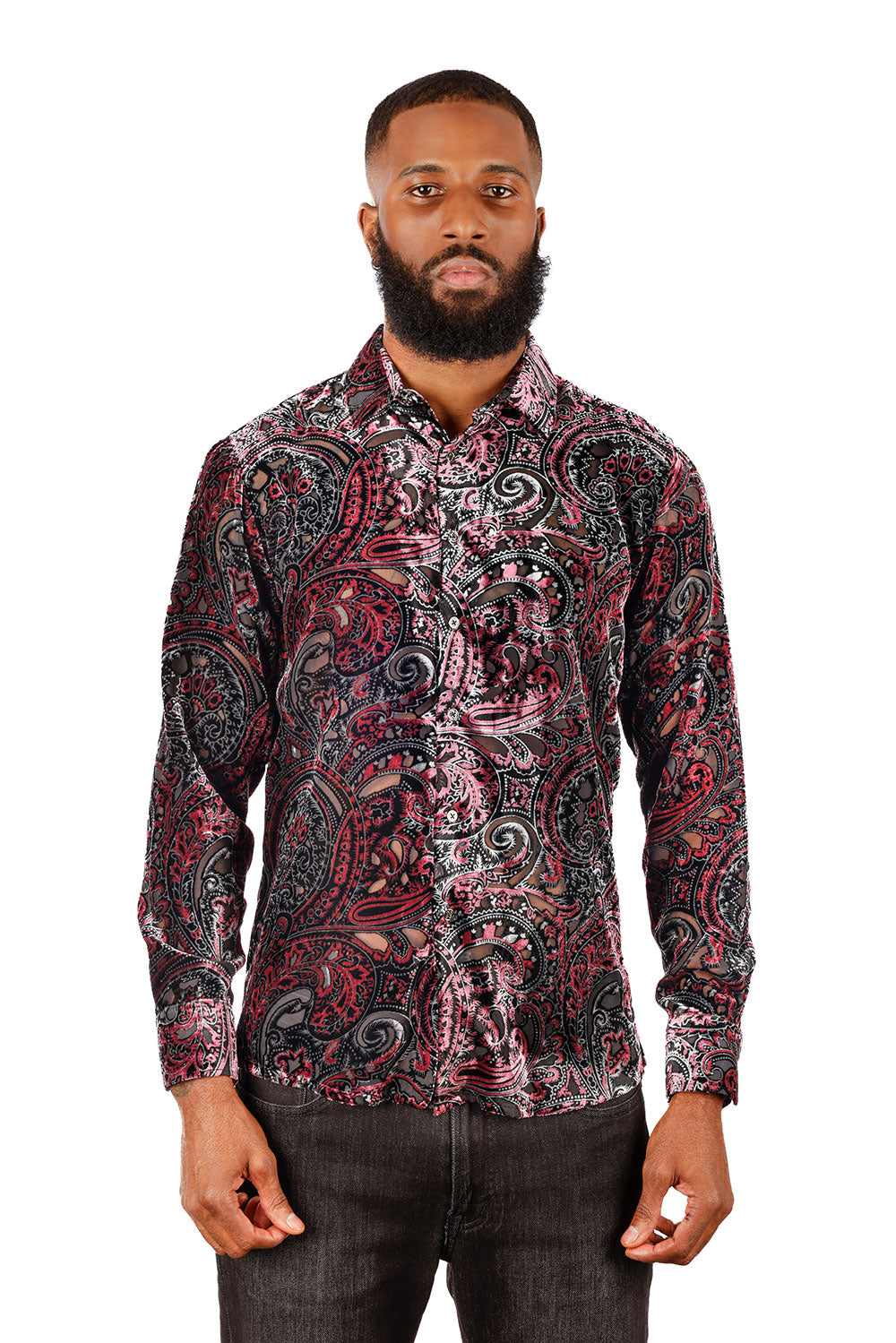 BARABAS Men's See Through Paisley Long Sleeve Button Down Shirt 3SVL32 Wine Black