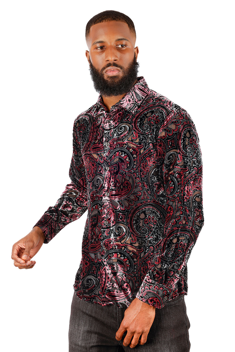 BARABAS Men's See Through Paisley Long Sleeve Button Down Shirt 3SVL32 Wine Black