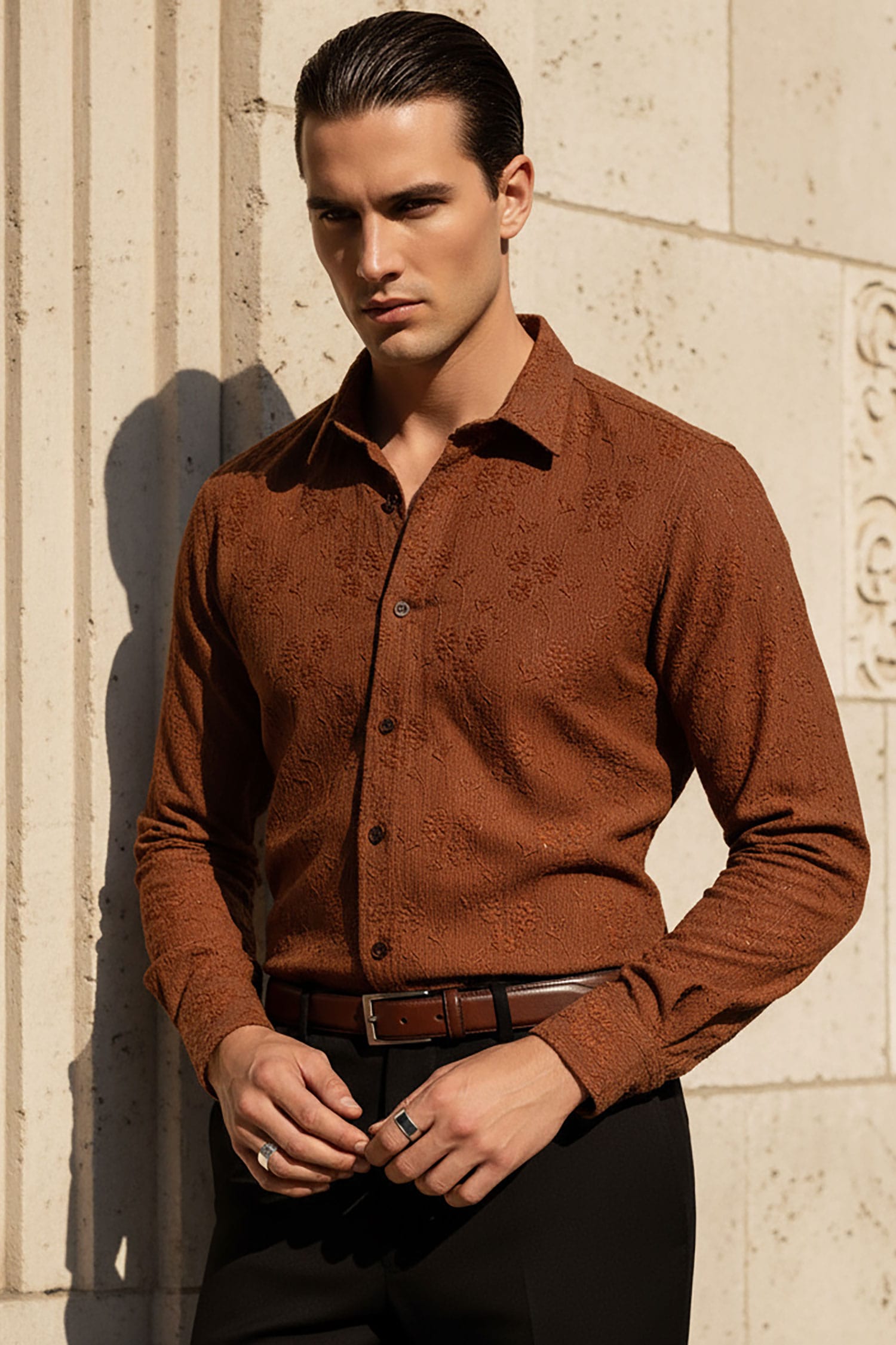 BARABAS Men's Lace See Through Stretch Sheer Long Sleeve Shirts 3B25 Nutshell