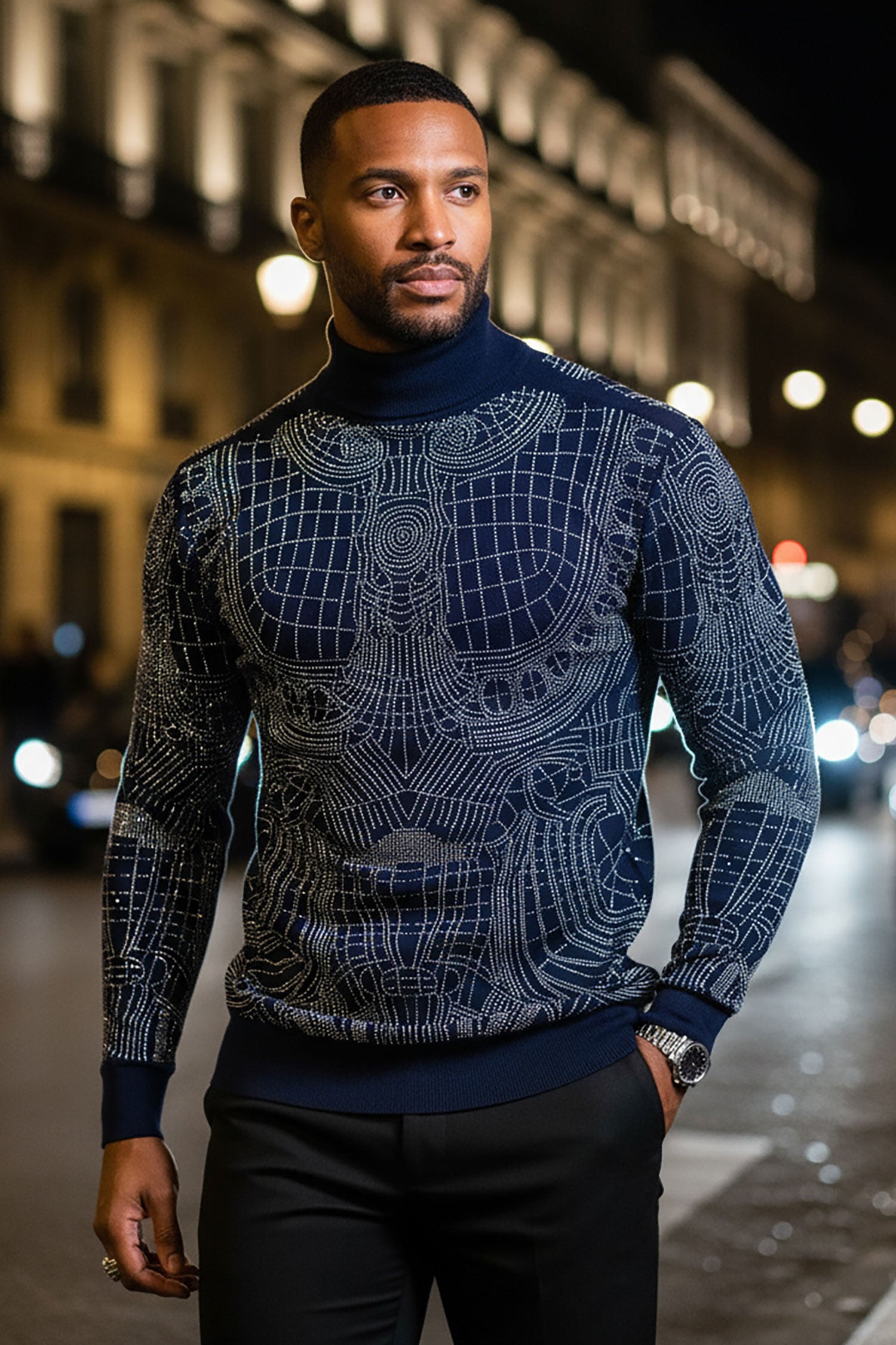 Barabas Men's Rhinestone Long Sleeve Turtleneck Sweater 3LS2107 Navy Silver