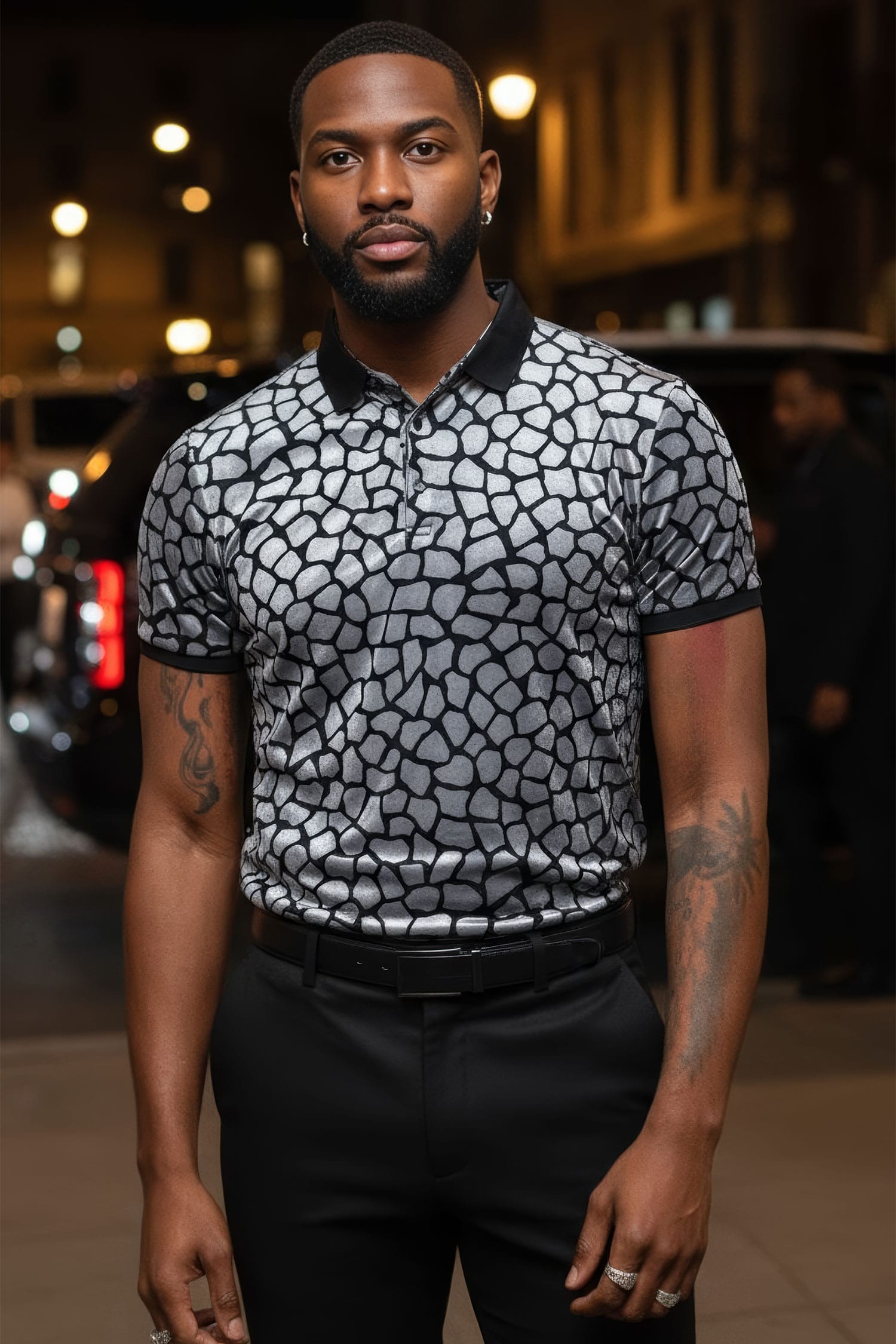 BARABAS Men's Leopard See Through Short Sleeve Polo Shirts 3PP838 Black Silver