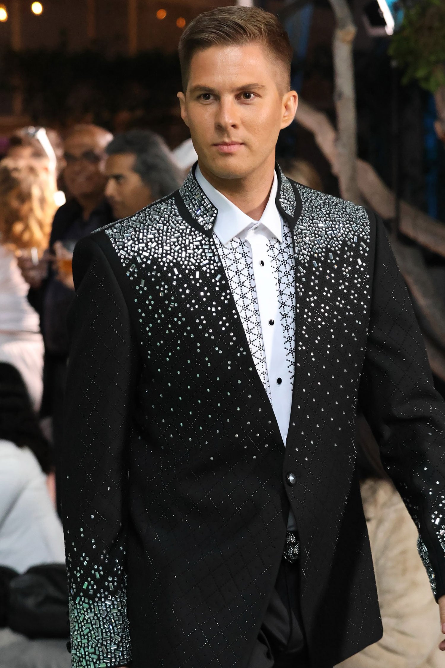 Barabas Men's Geometric Pattern Rhinestone Henley Lapel Blazer 4EBL53 Black Silver