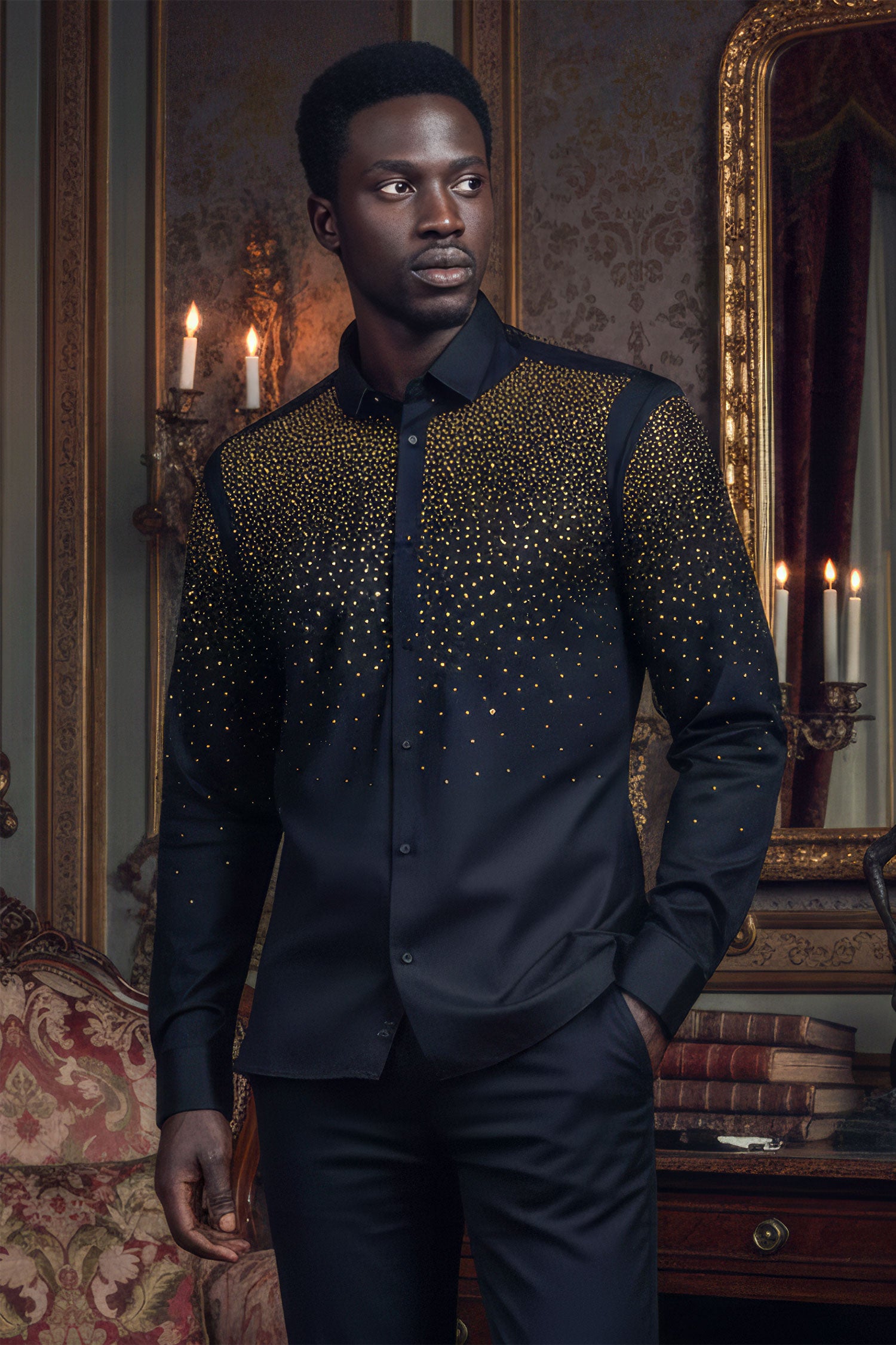 Barabas Men's Rhinestones Jewels Long Sleeve Shirt 4B06 Black Gold