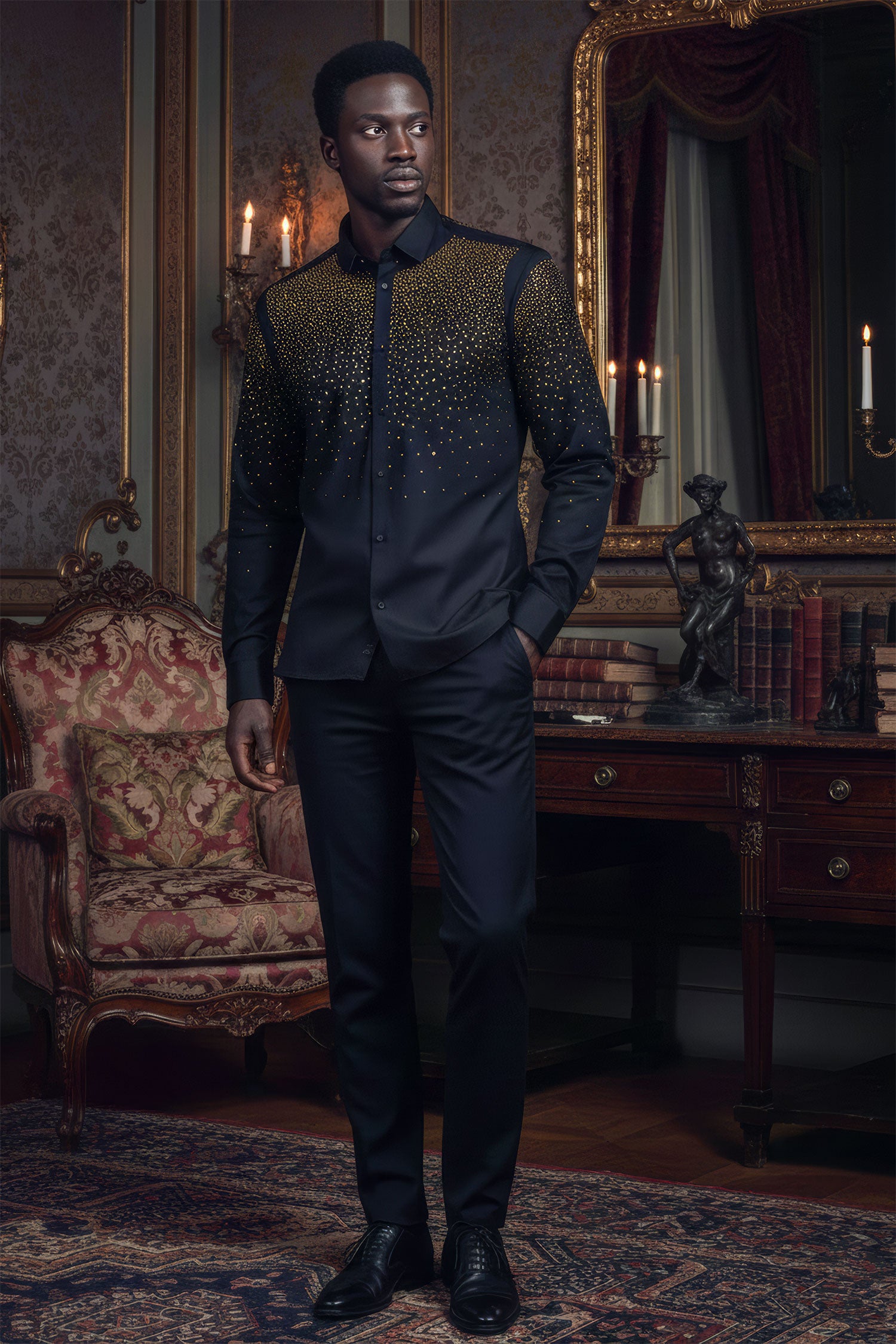 Barabas Men's Rhinestones Jewels Long Sleeve Shirt 4B06 Black Gold