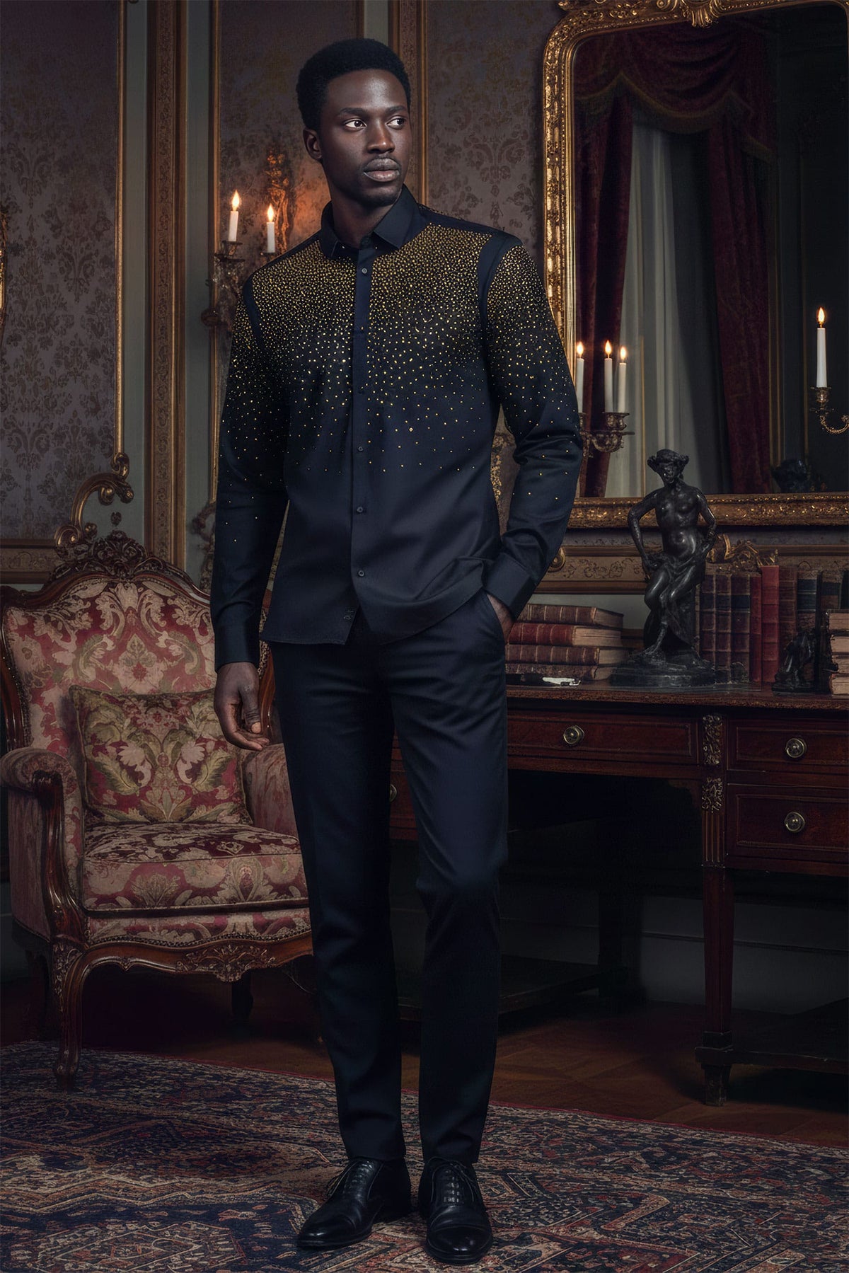 Barabas Men's Rhinestones Jewels Long Sleeve Shirt 4B06 Black Gold