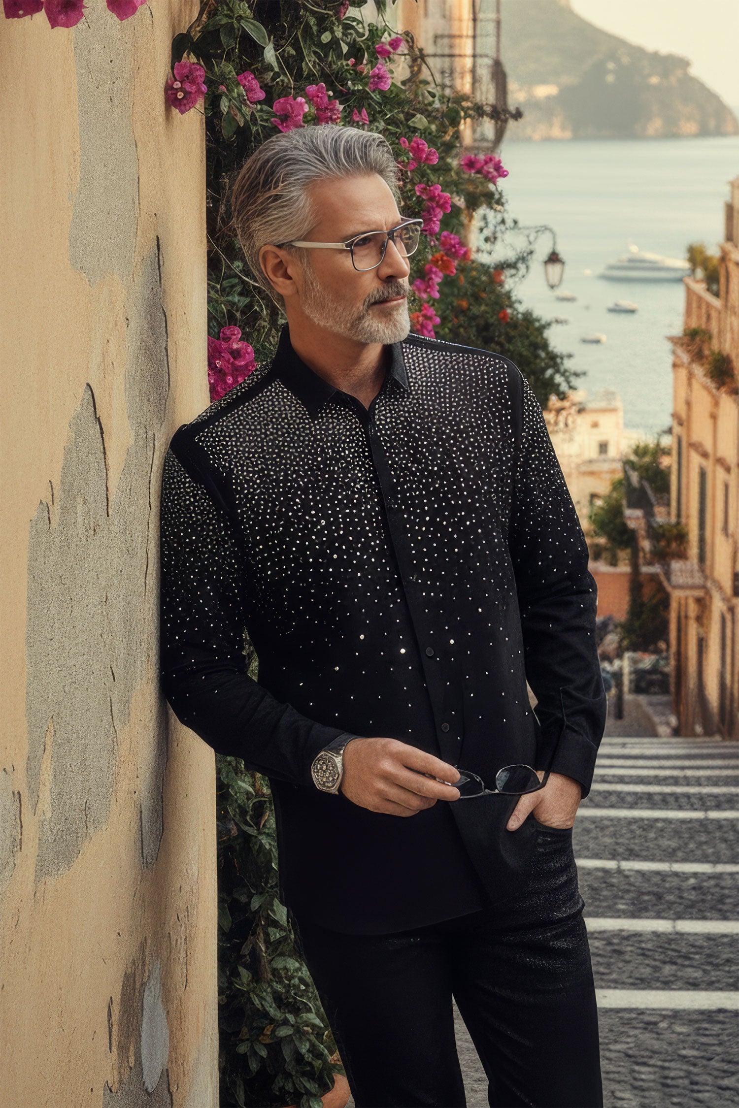 Barabas Men's Rhinestones Jewels Long Sleeve Shirt 4B06 Black Silver