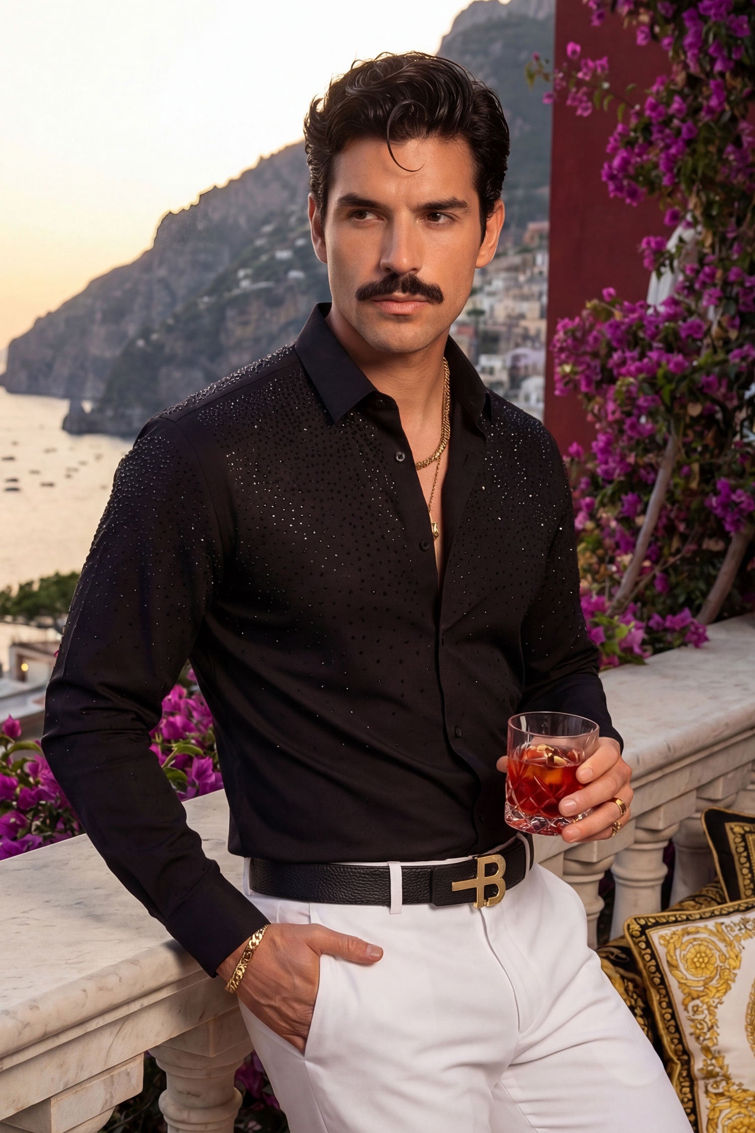 Barabas Men's Rhinestones Jewels Long Sleeve Shirt 4B06 Black Black