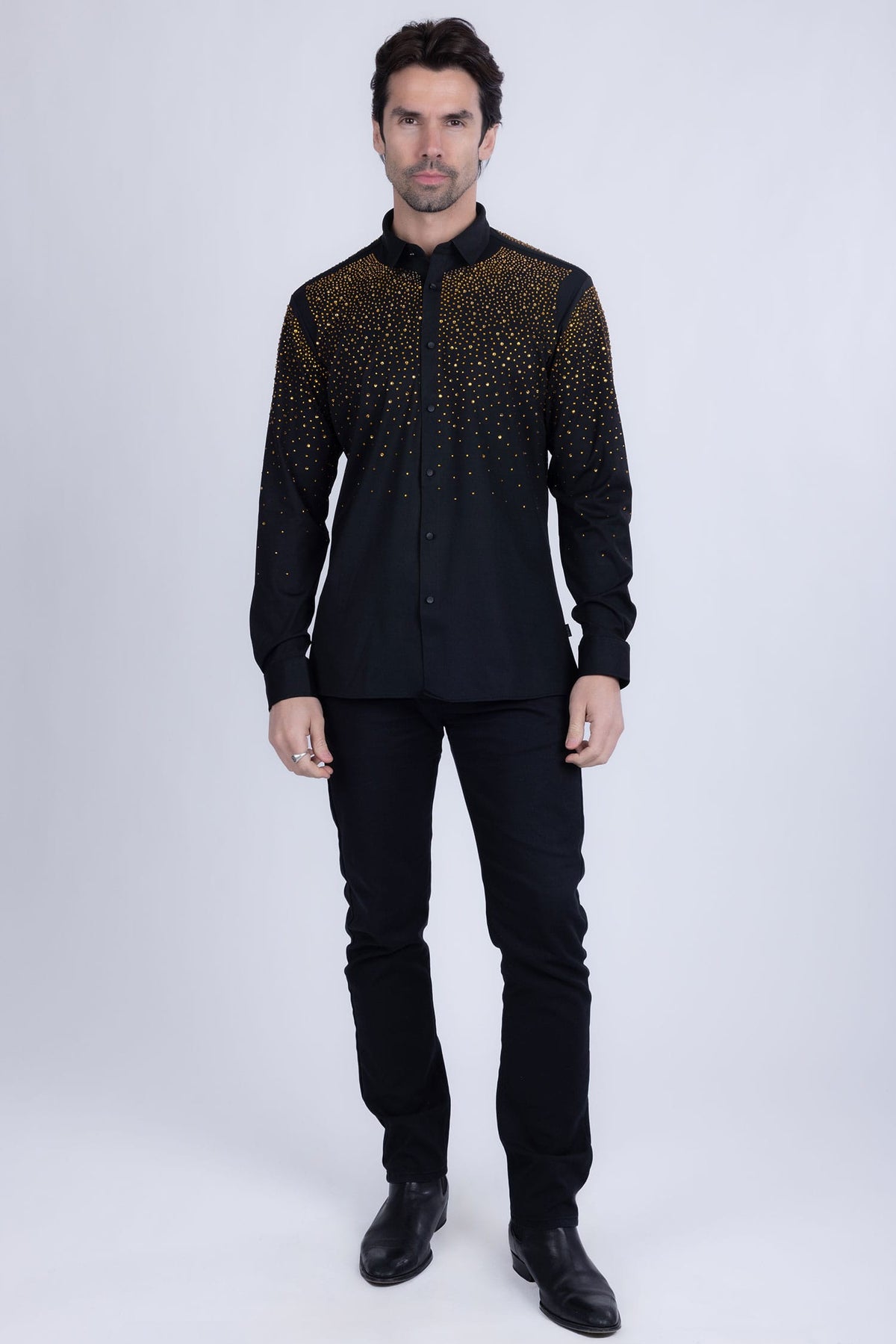 Barabas Men's Rhinestones Jewels Long Sleeve Shirt 4B06 Black Gold