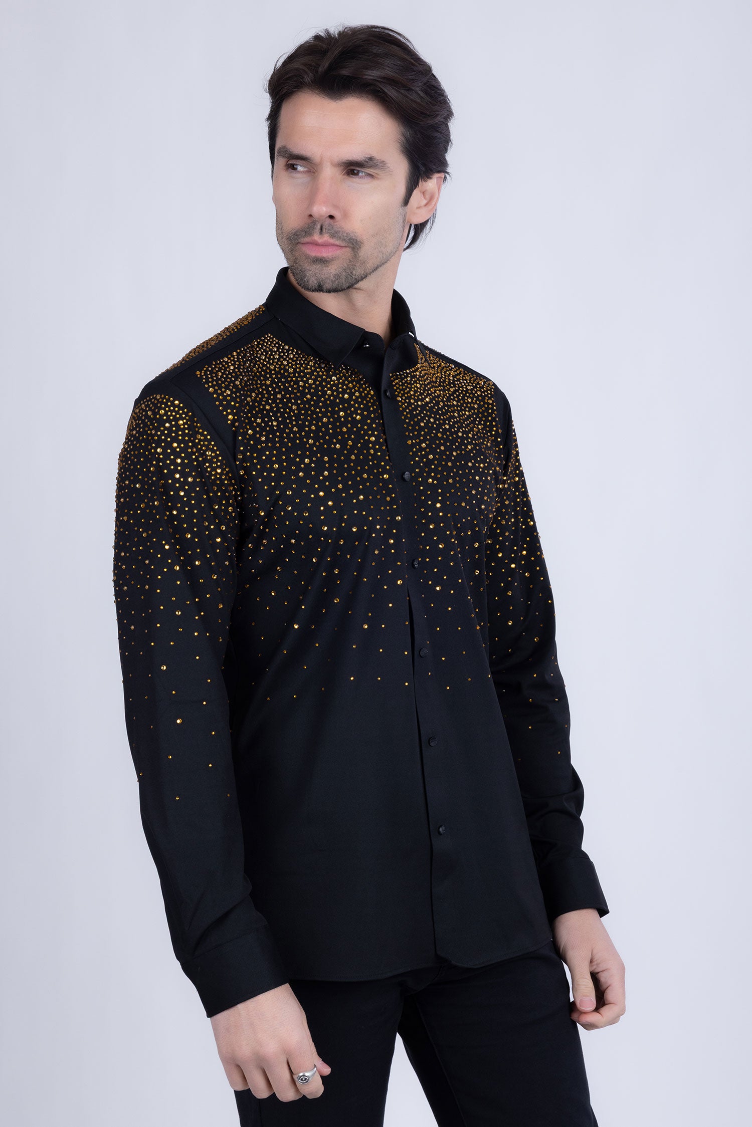 Barabas Men's Rhinestones Jewels Long Sleeve Shirt 4B06 Black Gold