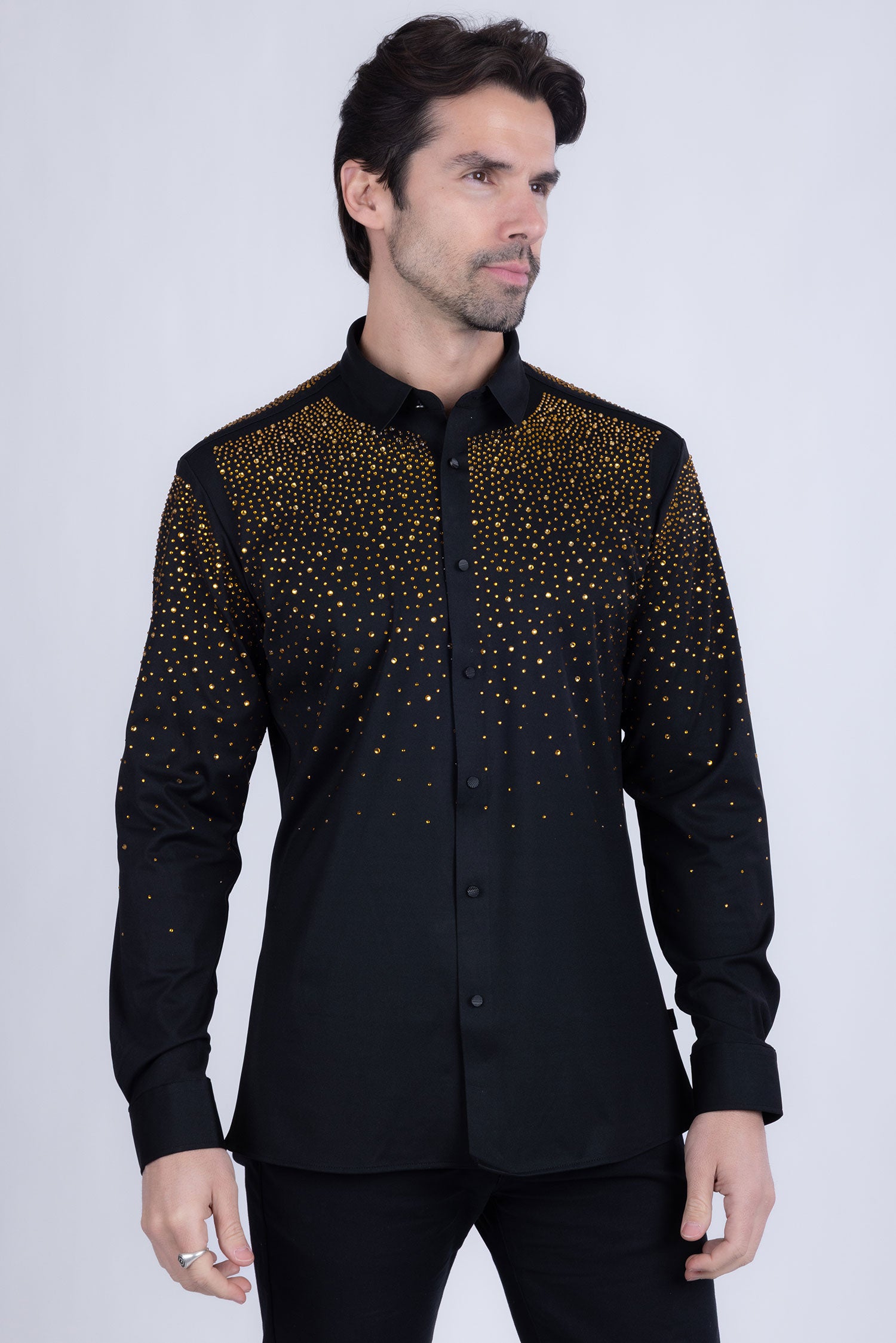 Barabas Men's Rhinestones Jewels Long Sleeve Shirt 4B06 Black Gold