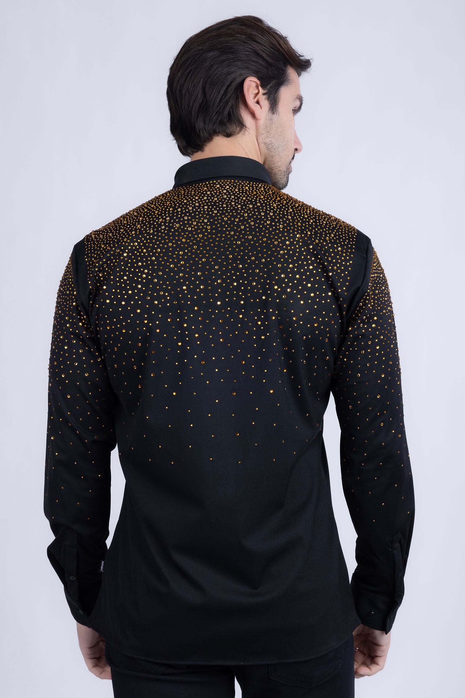BARABAS Men's Rhinestones Jewels Long Sleeve Shirt 4B06 Black Gold