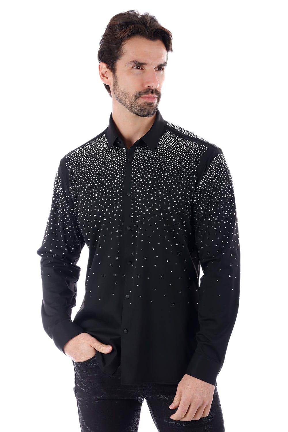 Barabas Men's Rhinestones Jewels Long Sleeve Shirt 4B06 Black Silver