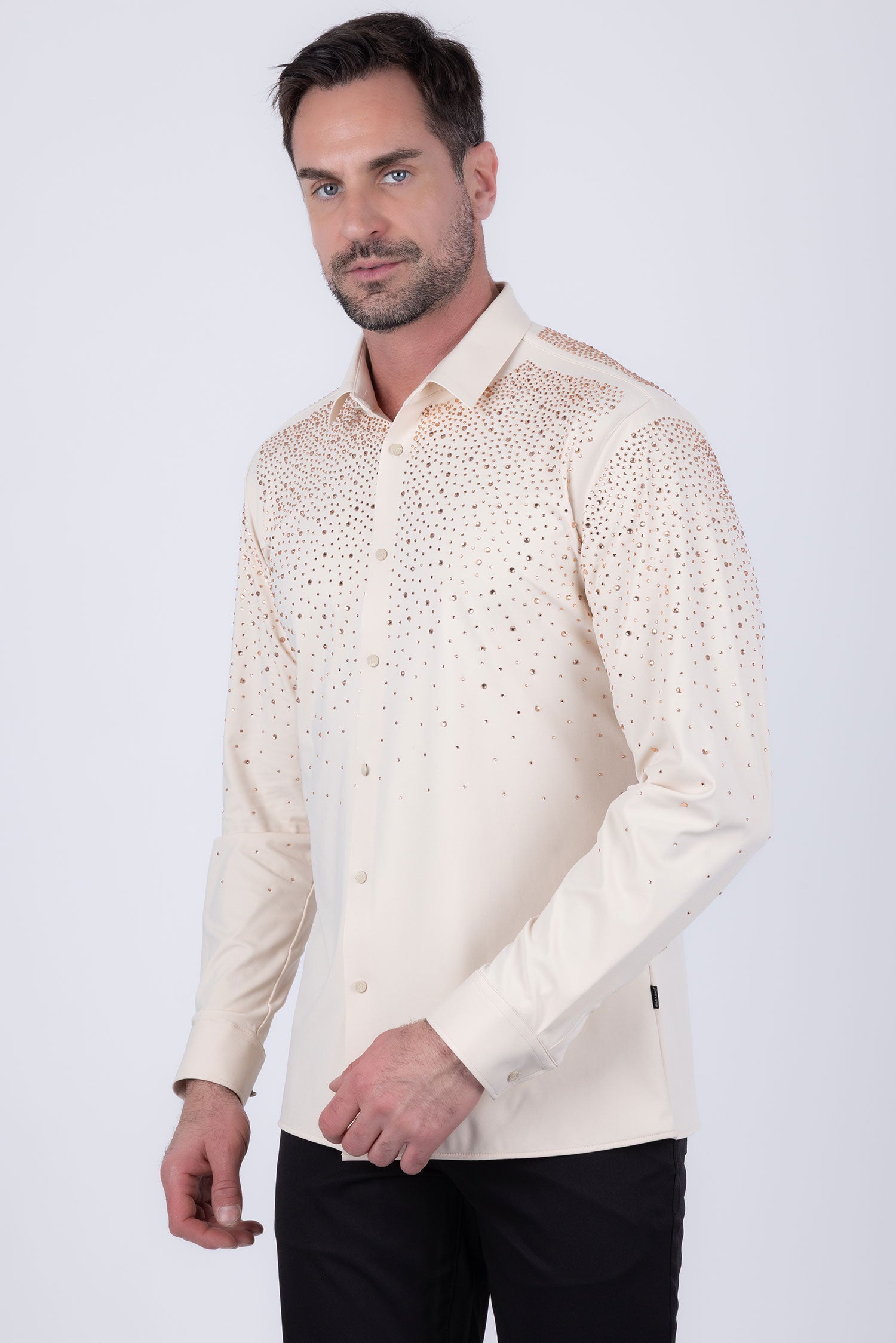 Barabas Men's Rhinestones Jewels Long Sleeve Shirt 4B06 Brass