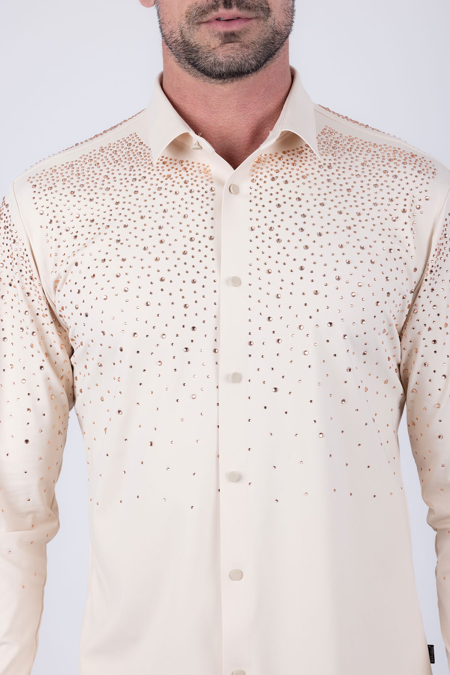 Barabas Men's Rhinestones Jewels Long Sleeve Shirt 4B06 Cream Brass